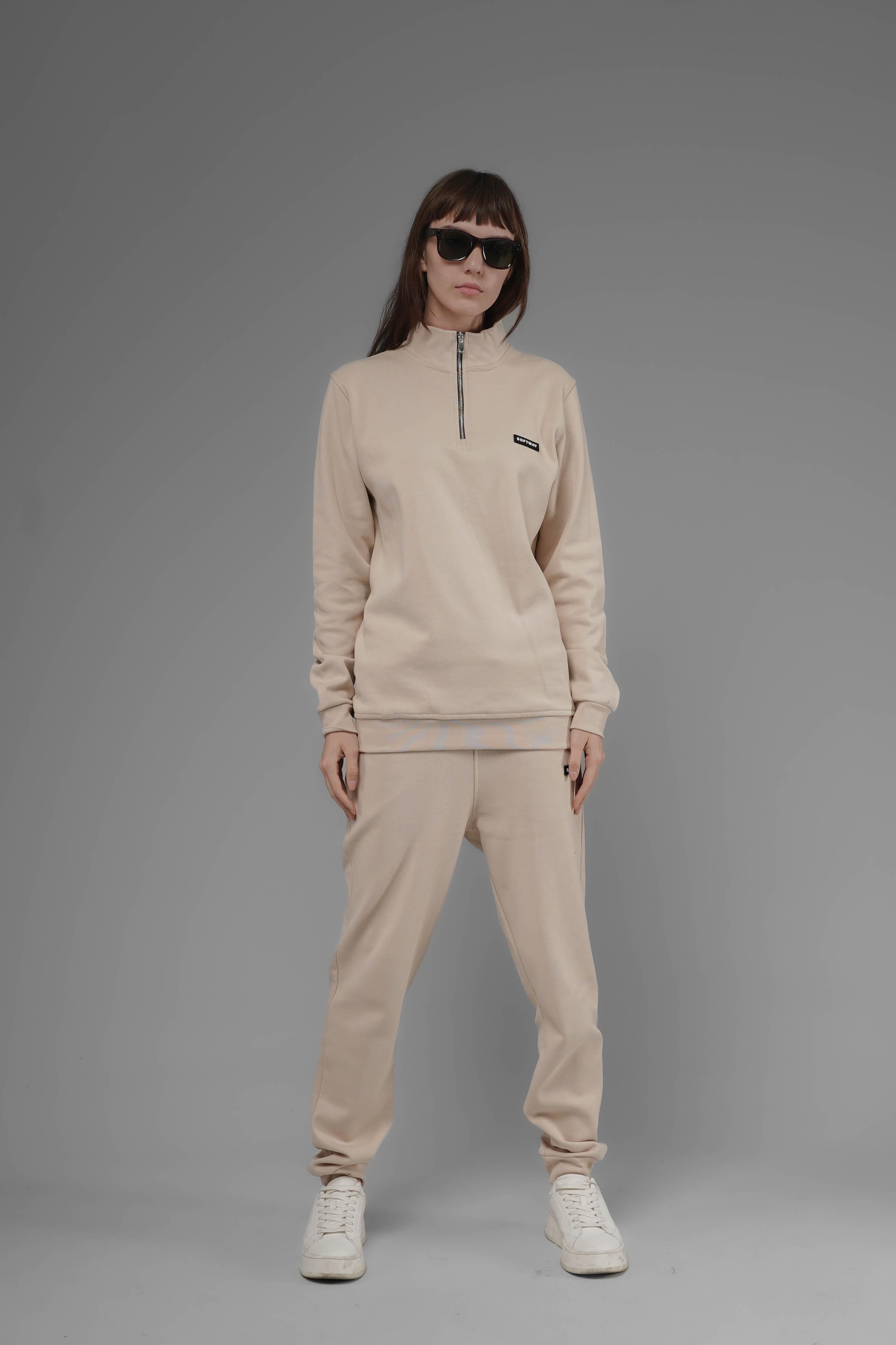 Unisex Regular Fit Dik Yaka Yarım Fermuarlı İnterlok Pike Sweatshirt - Bej