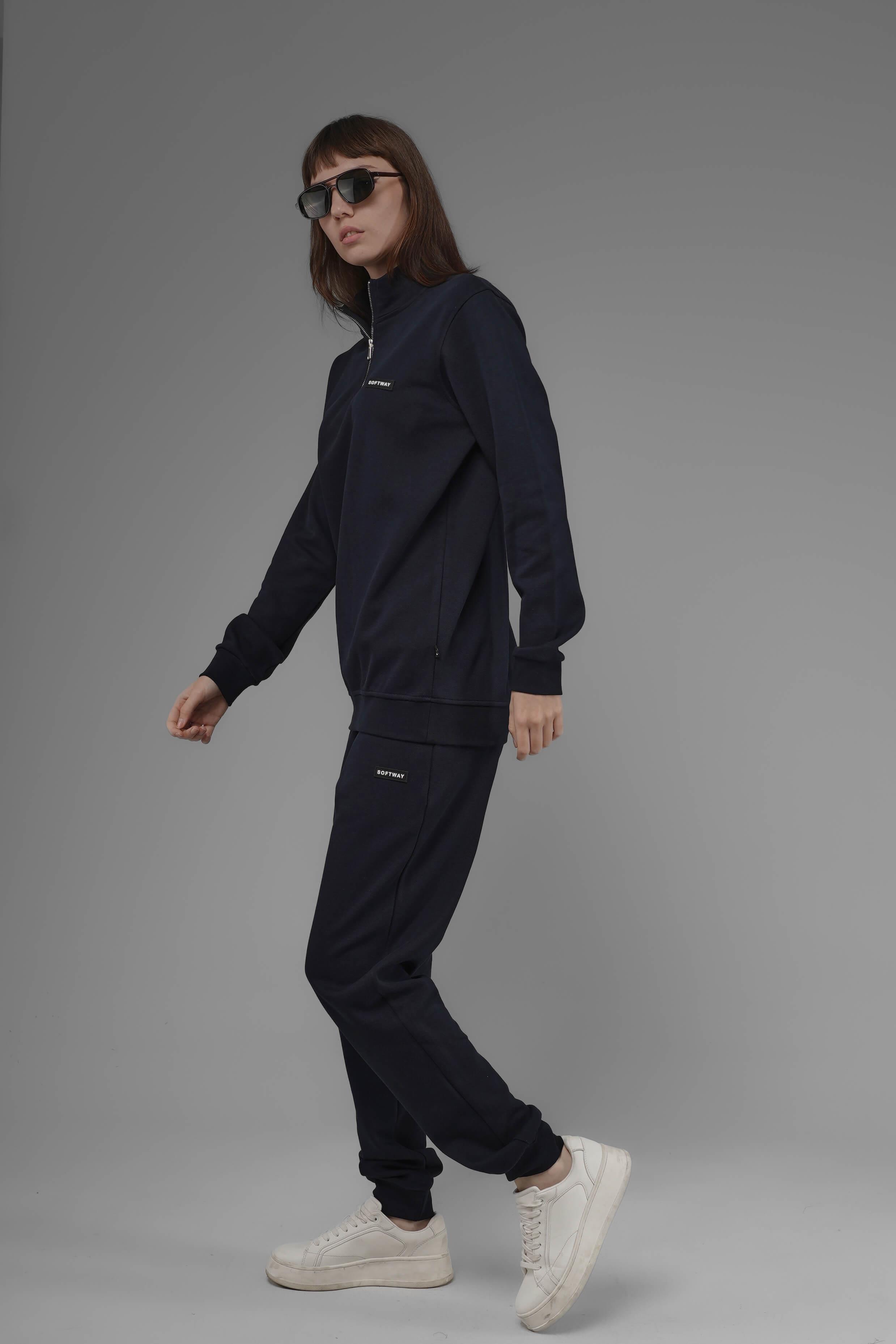 Unisex Regular Fit Dik Yaka Yarım Fermuarlı İnterlok Pike Sweatshirt - Lacivert