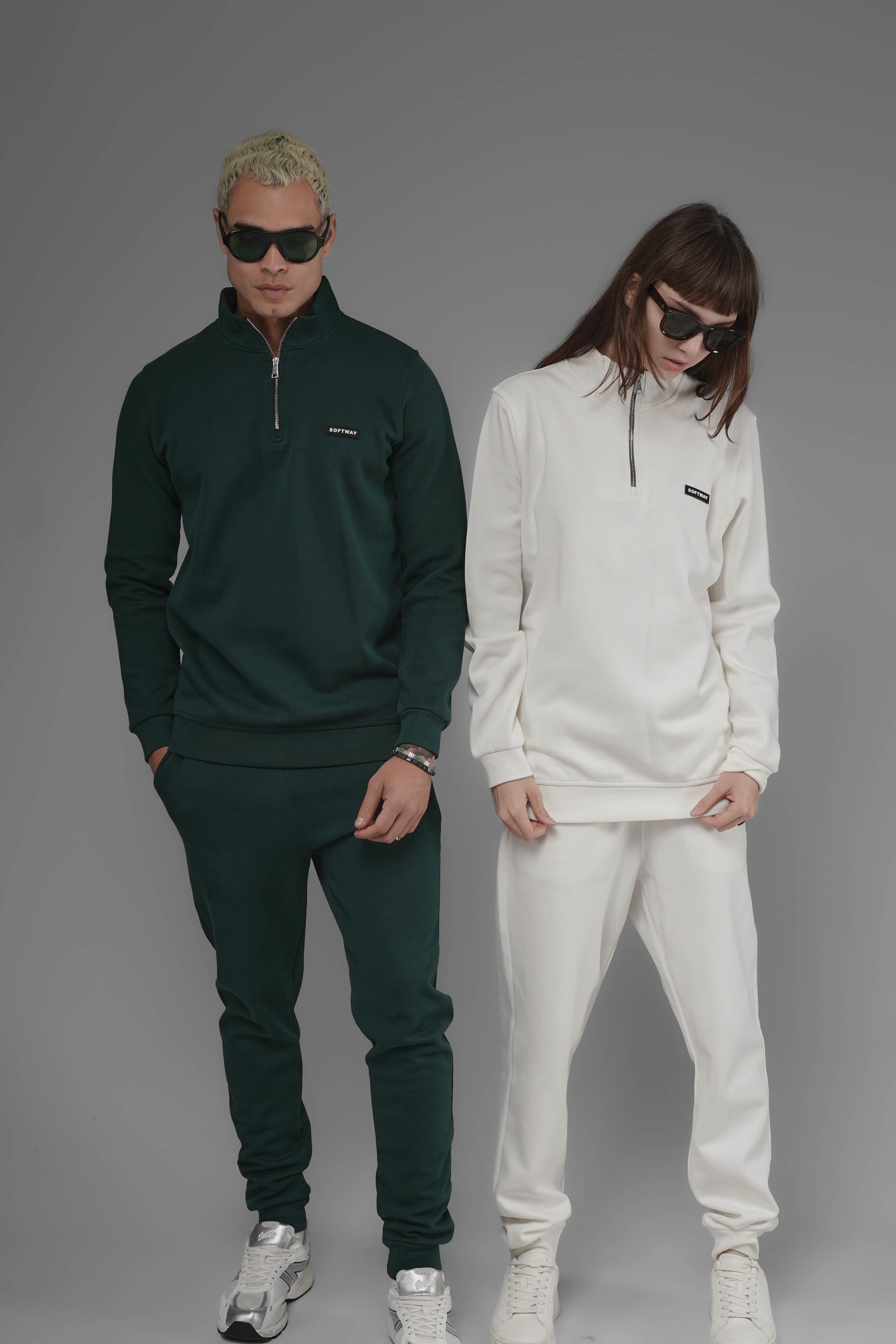 Unisex Regular Fit Dik Yaka Yarım Fermuarlı İnterlok Pike Sweatshirt - Beyaz
