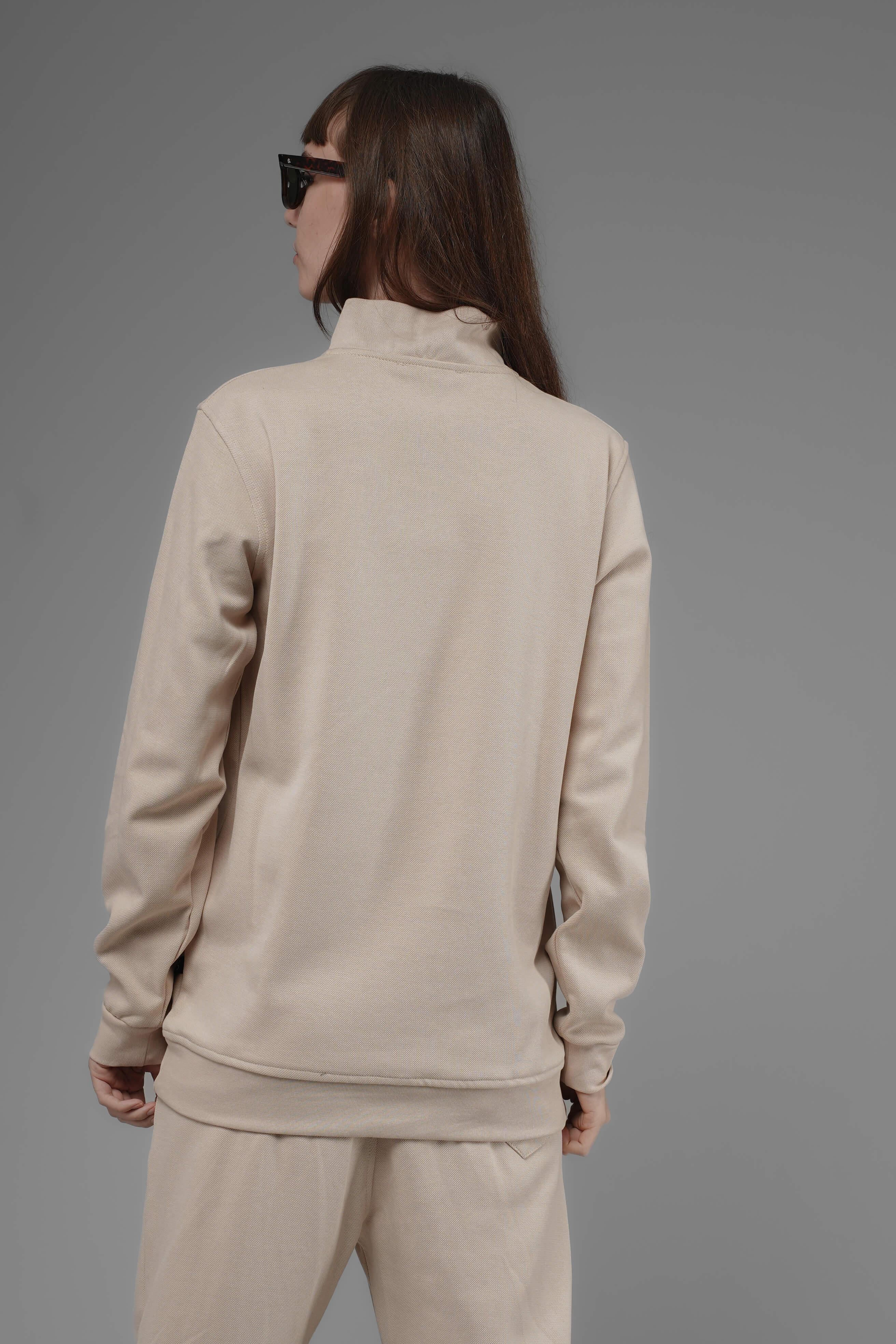 Unisex Regular Fit Dik Yaka Yarım Fermuarlı İnterlok Pike Sweatshirt - Bej