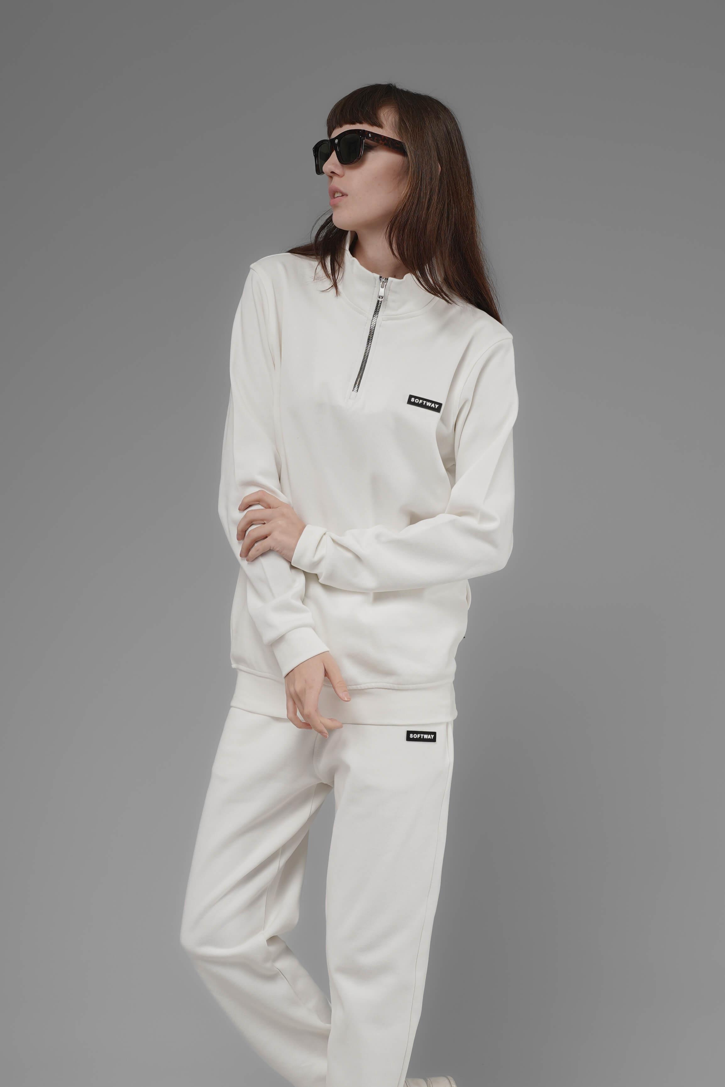 Unisex Regular Fit Dik Yaka Yarım Fermuarlı İnterlok Pike Sweatshirt - Beyaz
