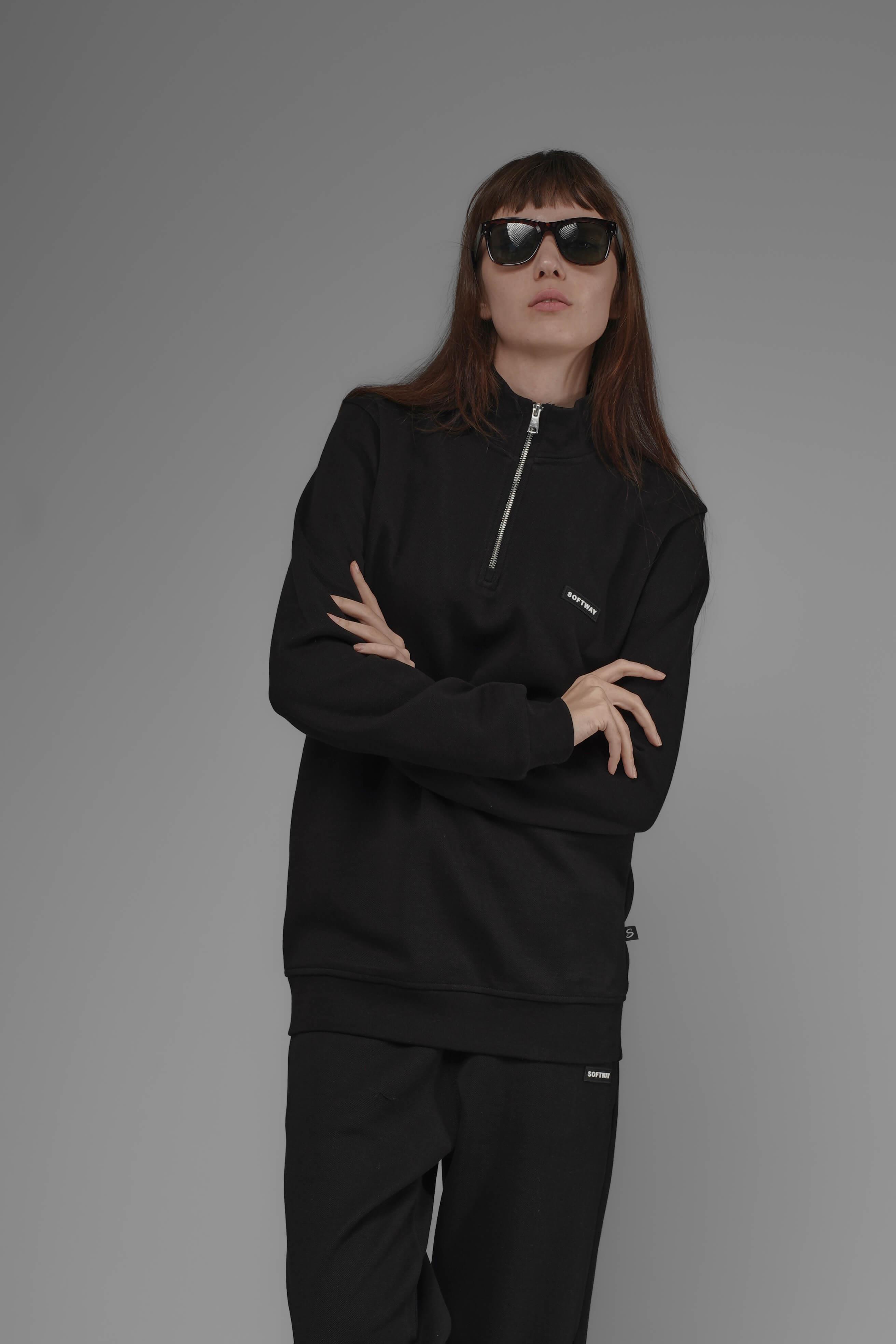 Unisex Regular Fit Dik Yaka Yarım Fermuarlı İnterlok Pike Sweatshirt - Siyah