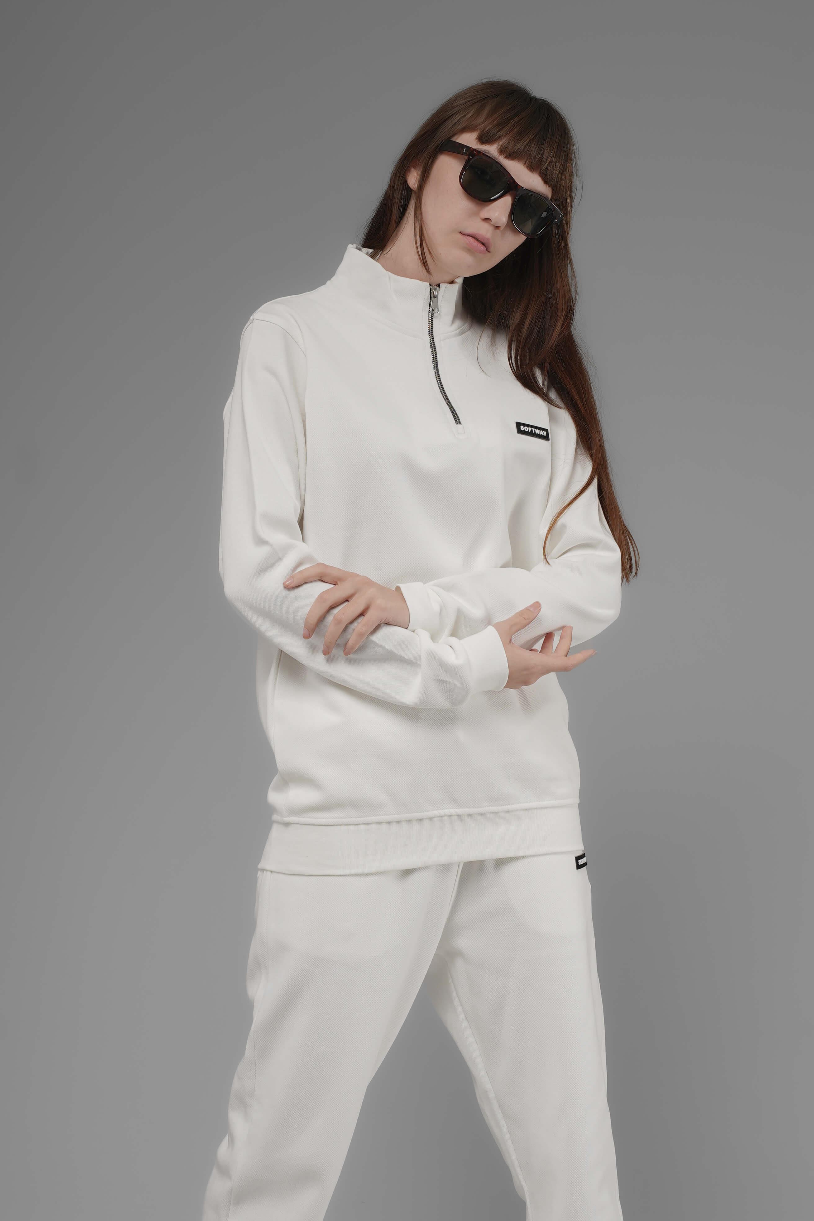 Unisex Regular Fit Dik Yaka Yarım Fermuarlı İnterlok Pike Sweatshirt - Beyaz