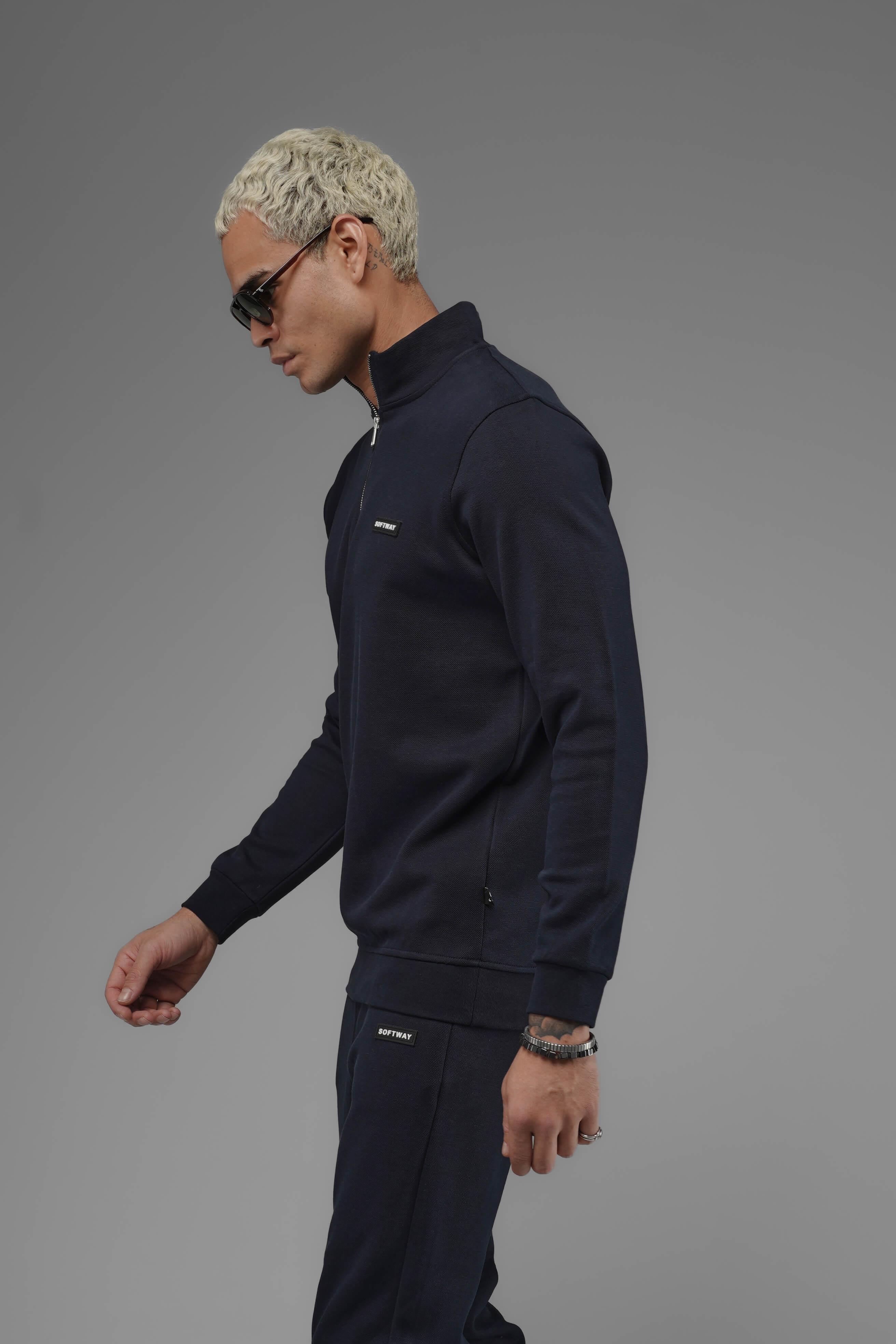 Unisex Regular Fit Dik Yaka Yarım Fermuarlı İnterlok Pike Sweatshirt - Lacivert