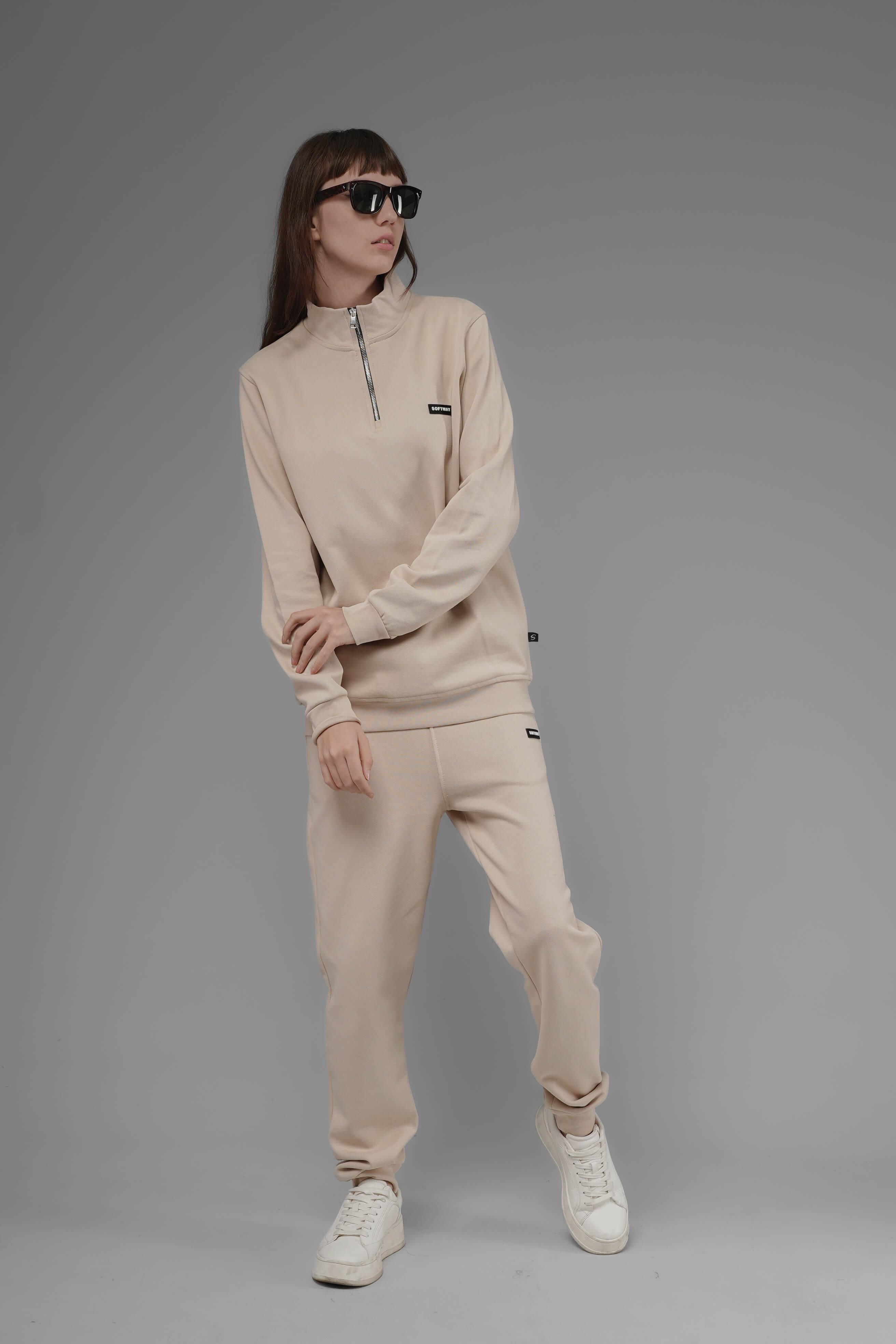 Unisex Regular Fit Dik Yaka Yarım Fermuarlı İnterlok Pike Sweatshirt - Bej