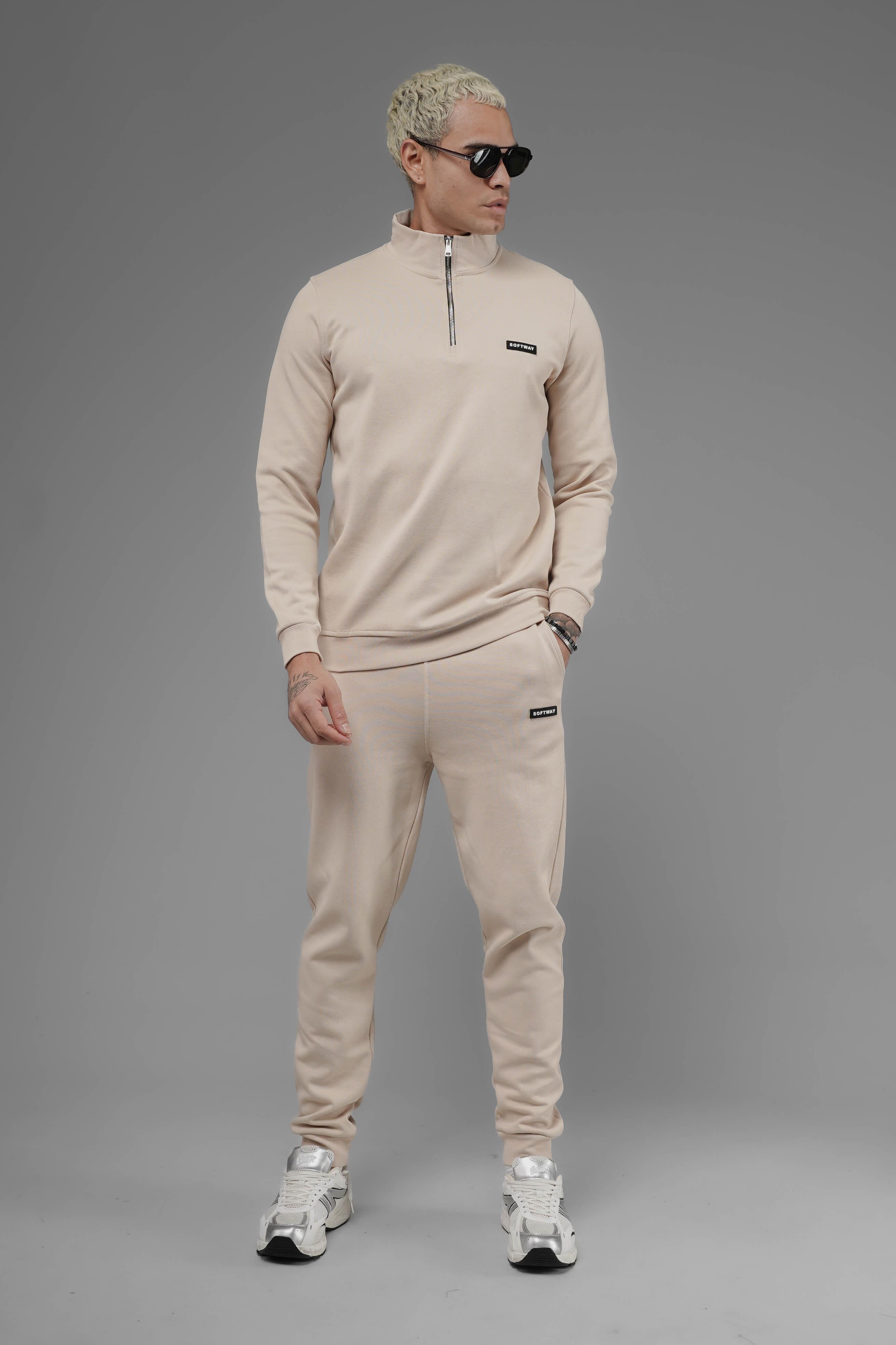 Unisex Regular Fit Dik Yaka Yarım Fermuarlı İnterlok Pike Sweatshirt - Bej