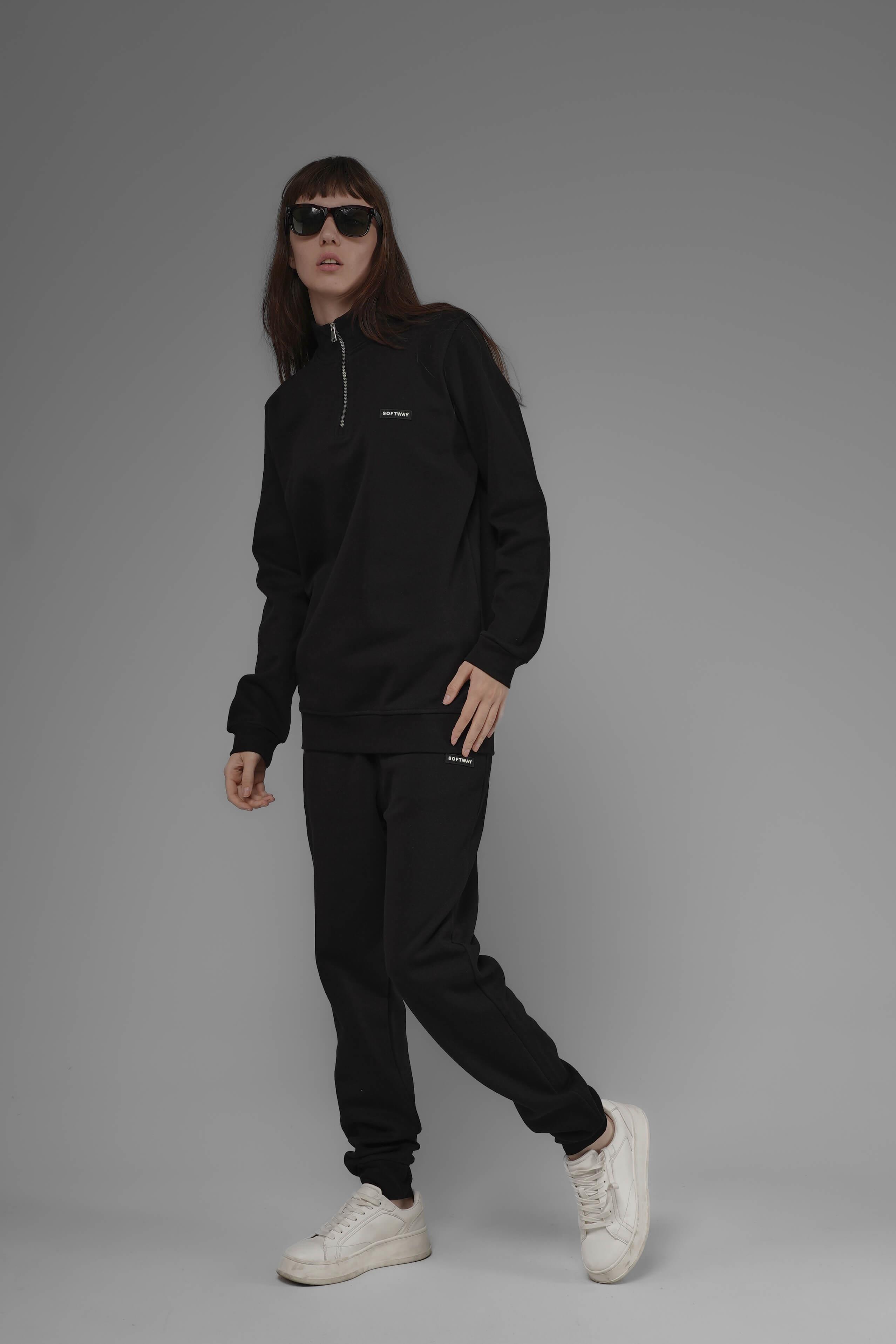 Unisex Regular Fit Dik Yaka Yarım Fermuarlı İnterlok Pike Sweatshirt - Siyah