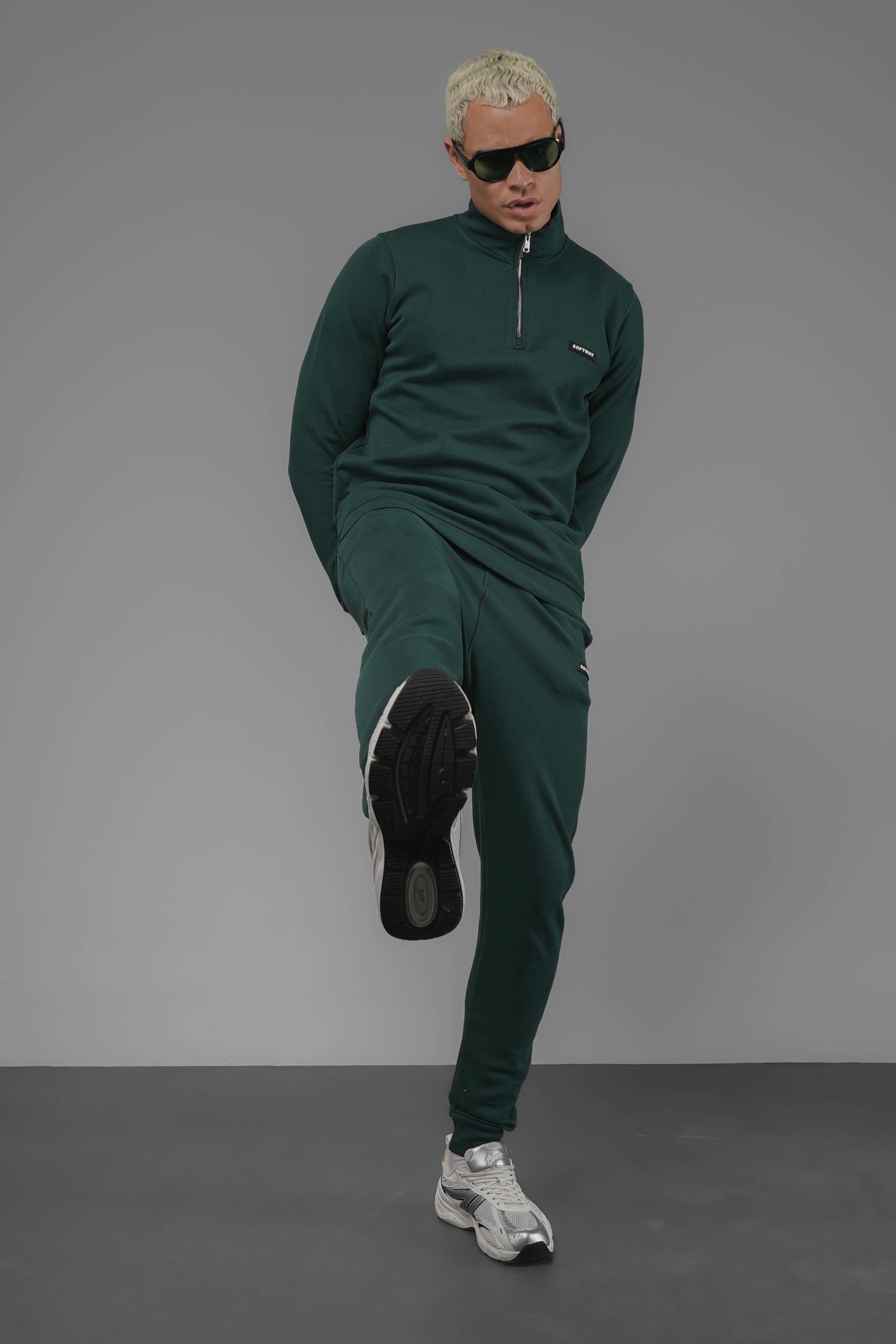 Unisex Regular Fit Dik Yaka Yarım Fermuarlı İnterlok Pike Sweatshirt - Koyu Yeşil