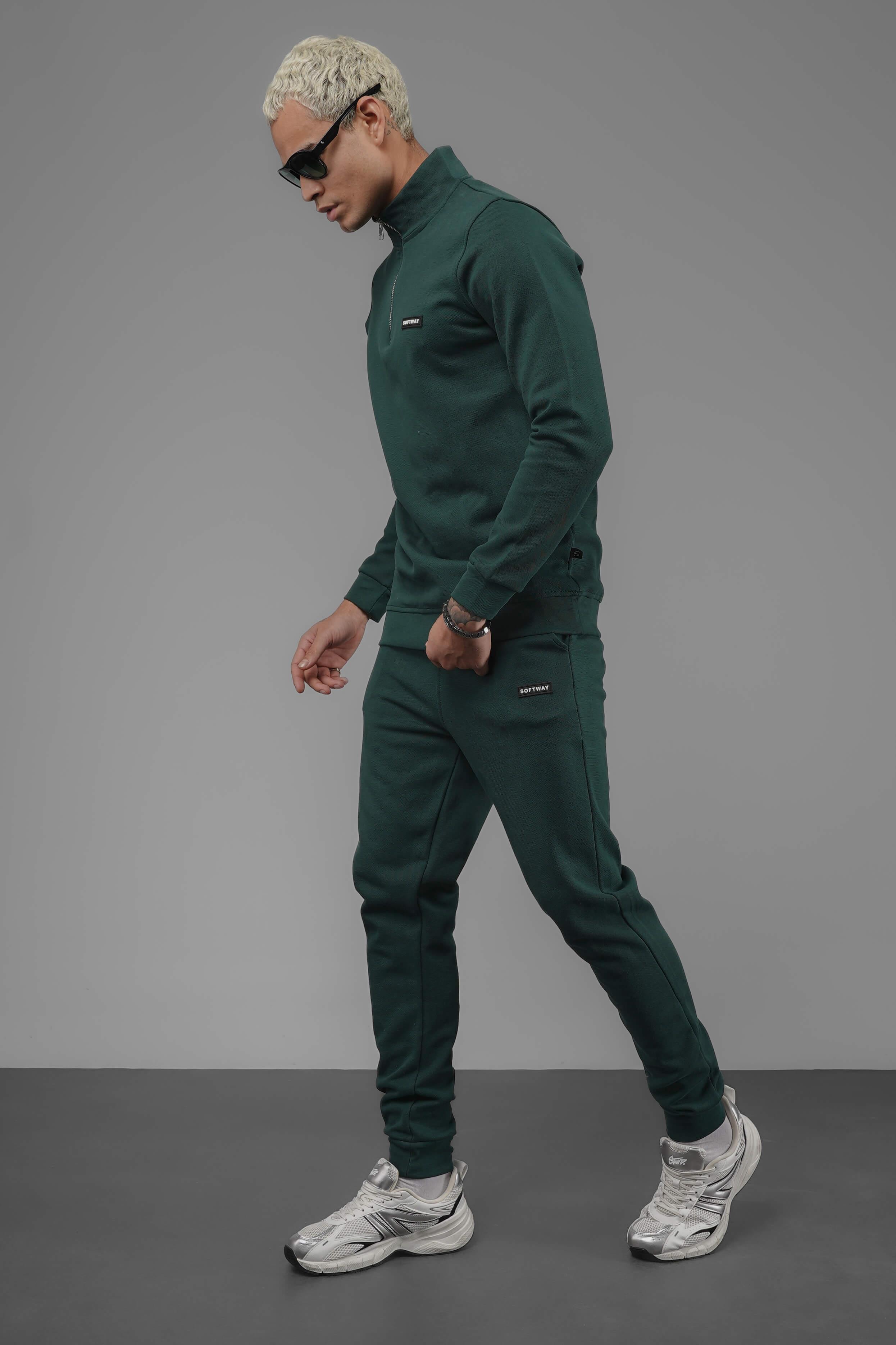 Unisex Regular Fit Dik Yaka Yarım Fermuarlı İnterlok Pike Sweatshirt - Koyu Yeşil