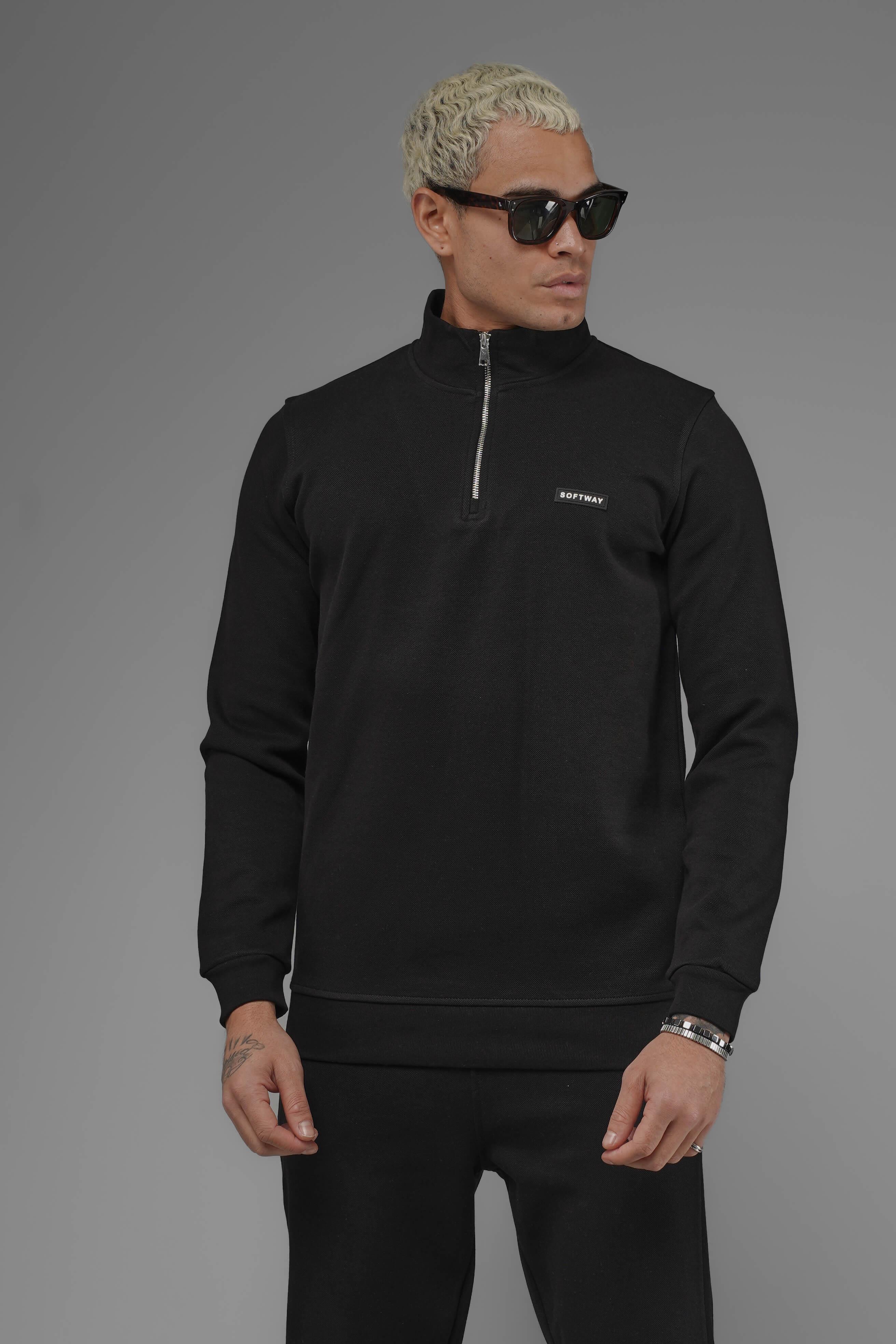 Unisex Regular Fit Dik Yaka Yarım Fermuarlı İnterlok Pike Sweatshirt - Siyah