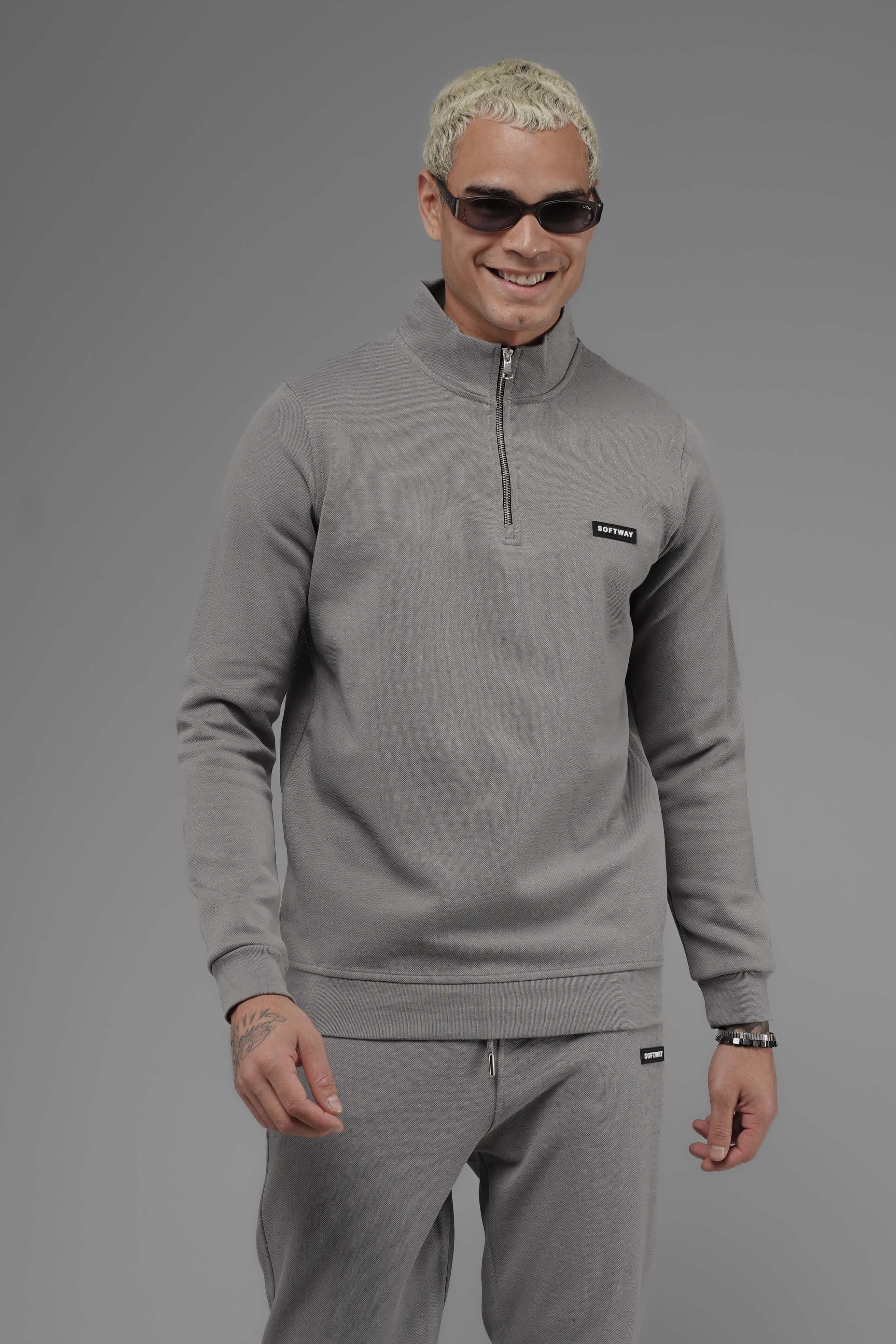 Unisex Regular Fit Dik Yaka Yarım Fermuarlı İnterlok Pike Sweatshirt - Gri
