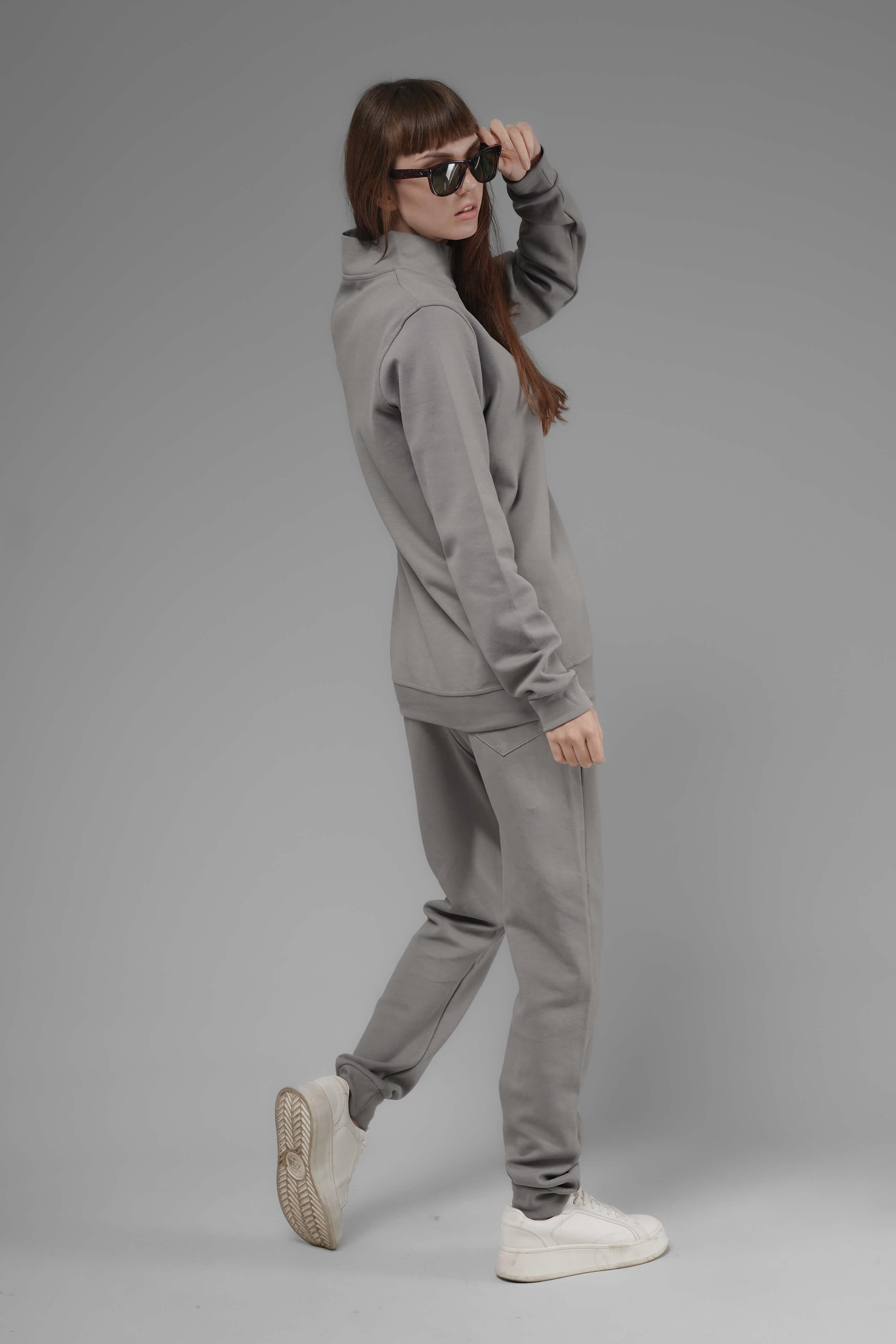 Unisex Regular Fit Dik Yaka Yarım Fermuarlı İnterlok Pike Sweatshirt - Gri