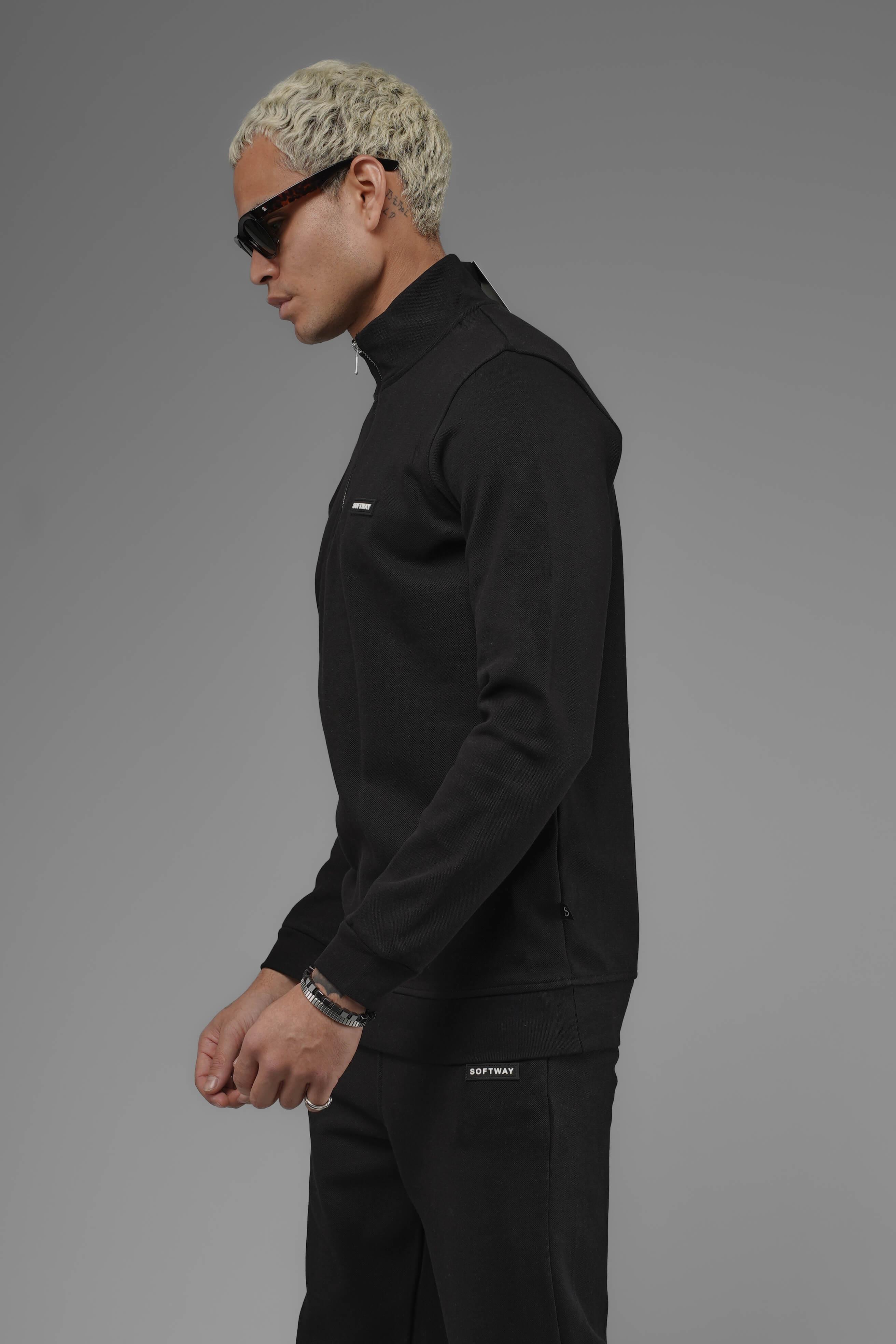 Unisex Regular Fit Dik Yaka Yarım Fermuarlı İnterlok Pike Sweatshirt - Siyah
