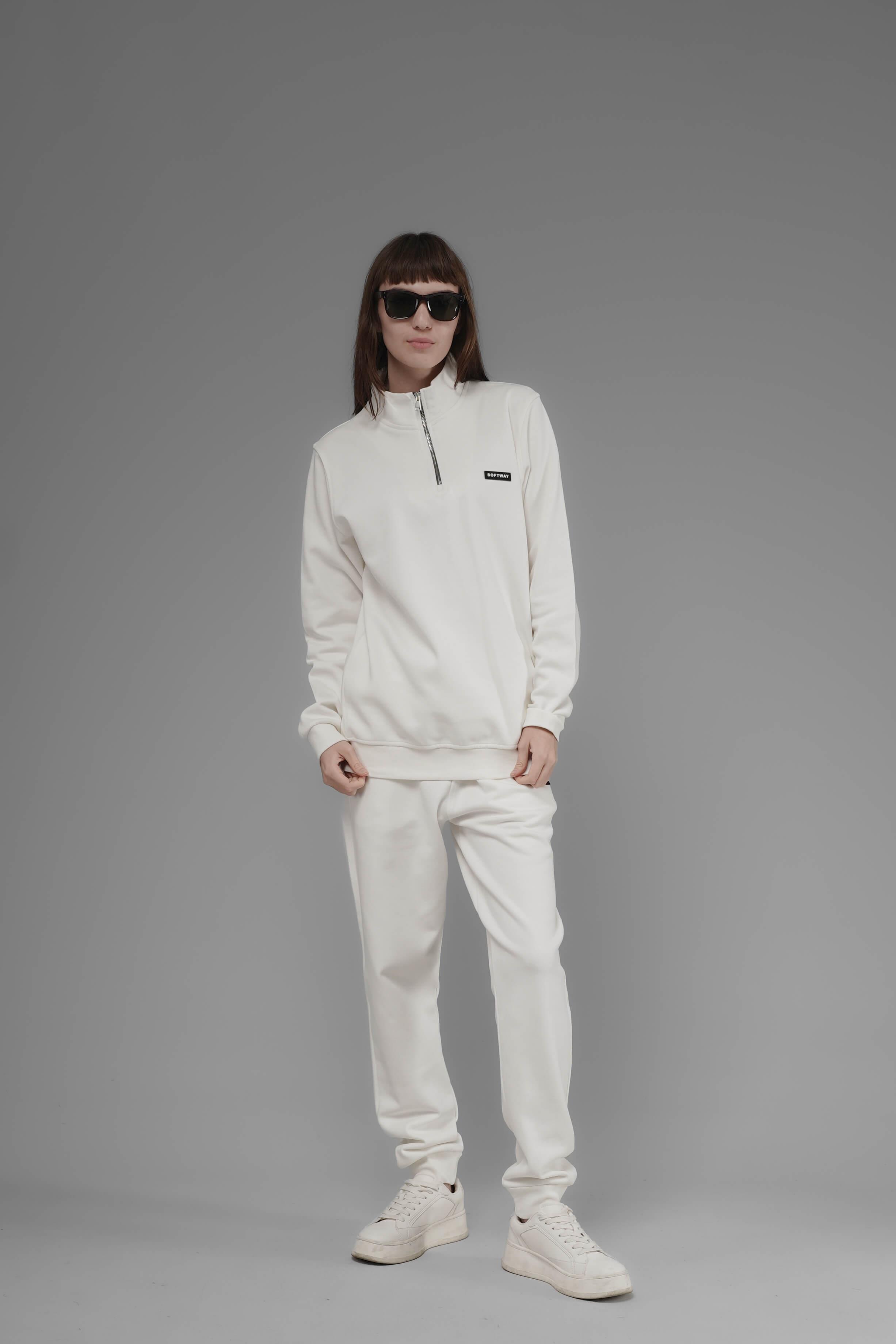 Unisex Regular Fit Dik Yaka Yarım Fermuarlı İnterlok Pike Sweatshirt - Beyaz