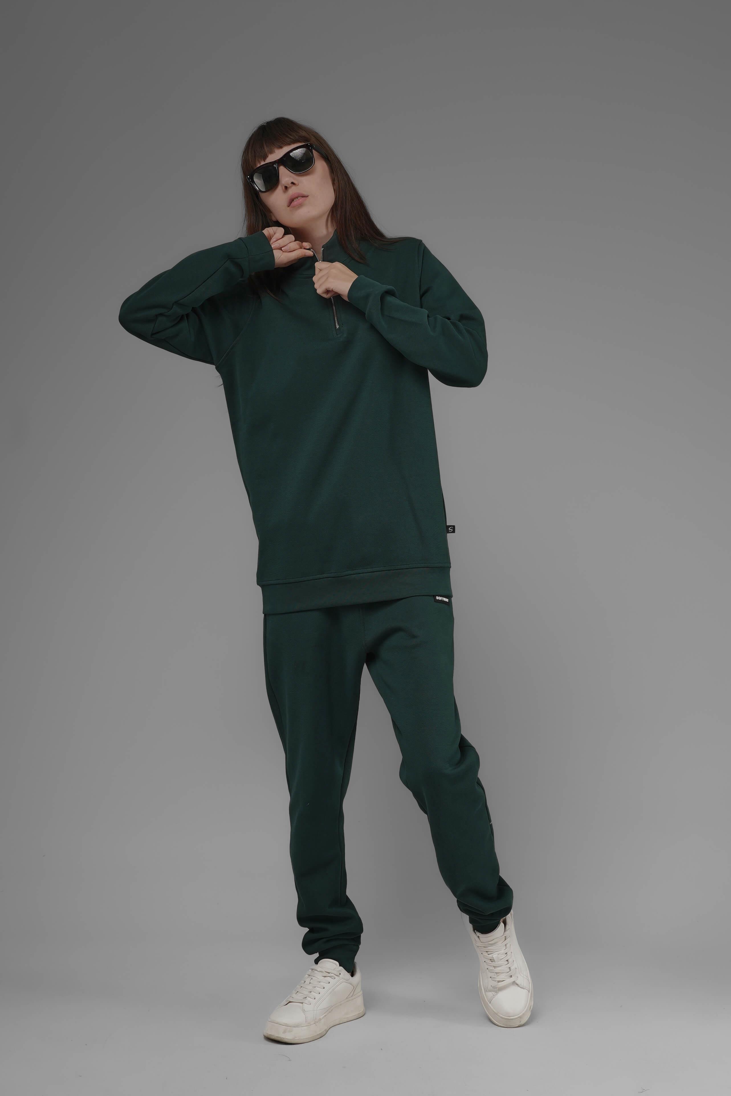Unisex Regular Fit Dik Yaka Yarım Fermuarlı İnterlok Pike Sweatshirt - Koyu Yeşil