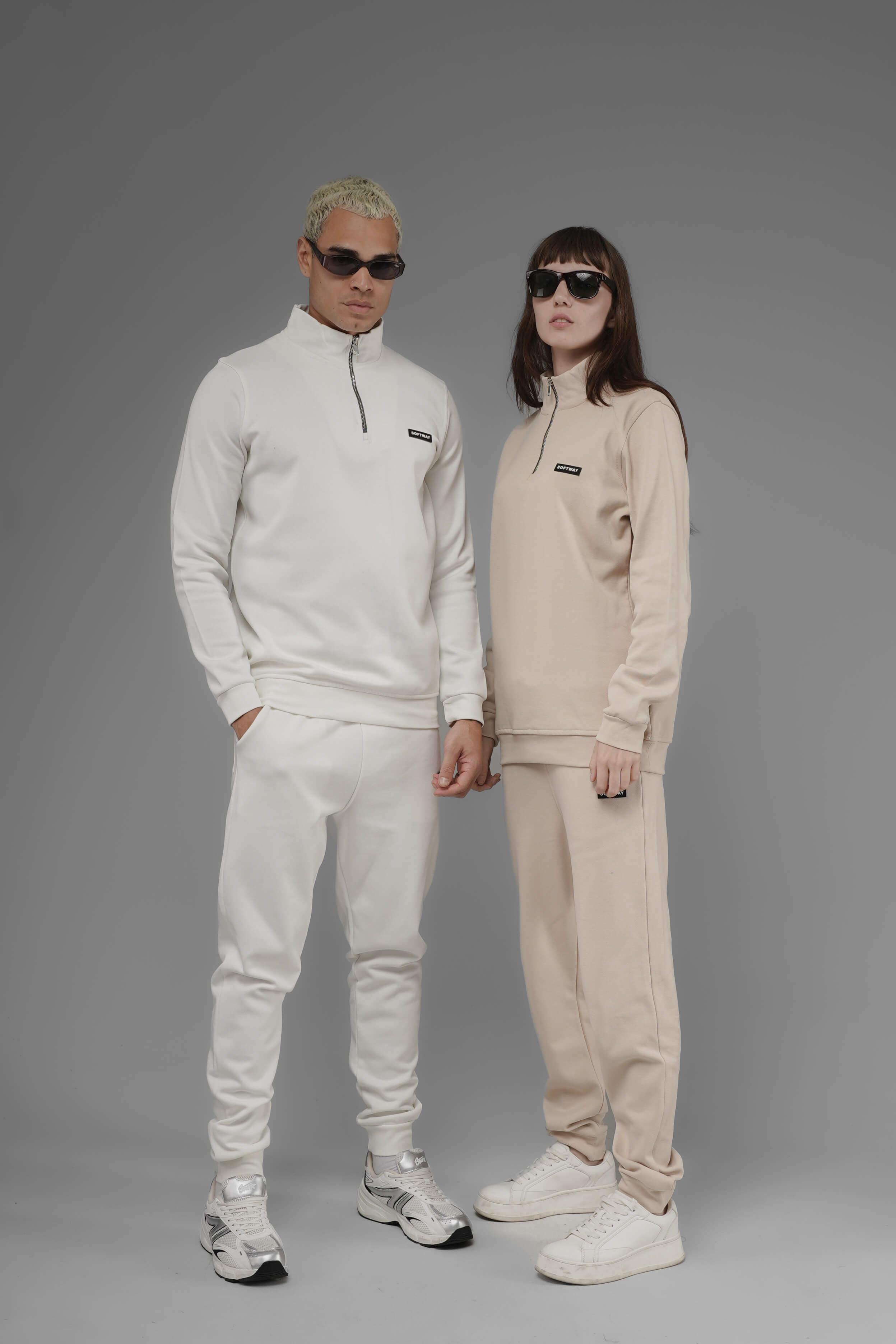 Unisex Regular Fit Dik Yaka Yarım Fermuarlı İnterlok Pike Sweatshirt - Bej