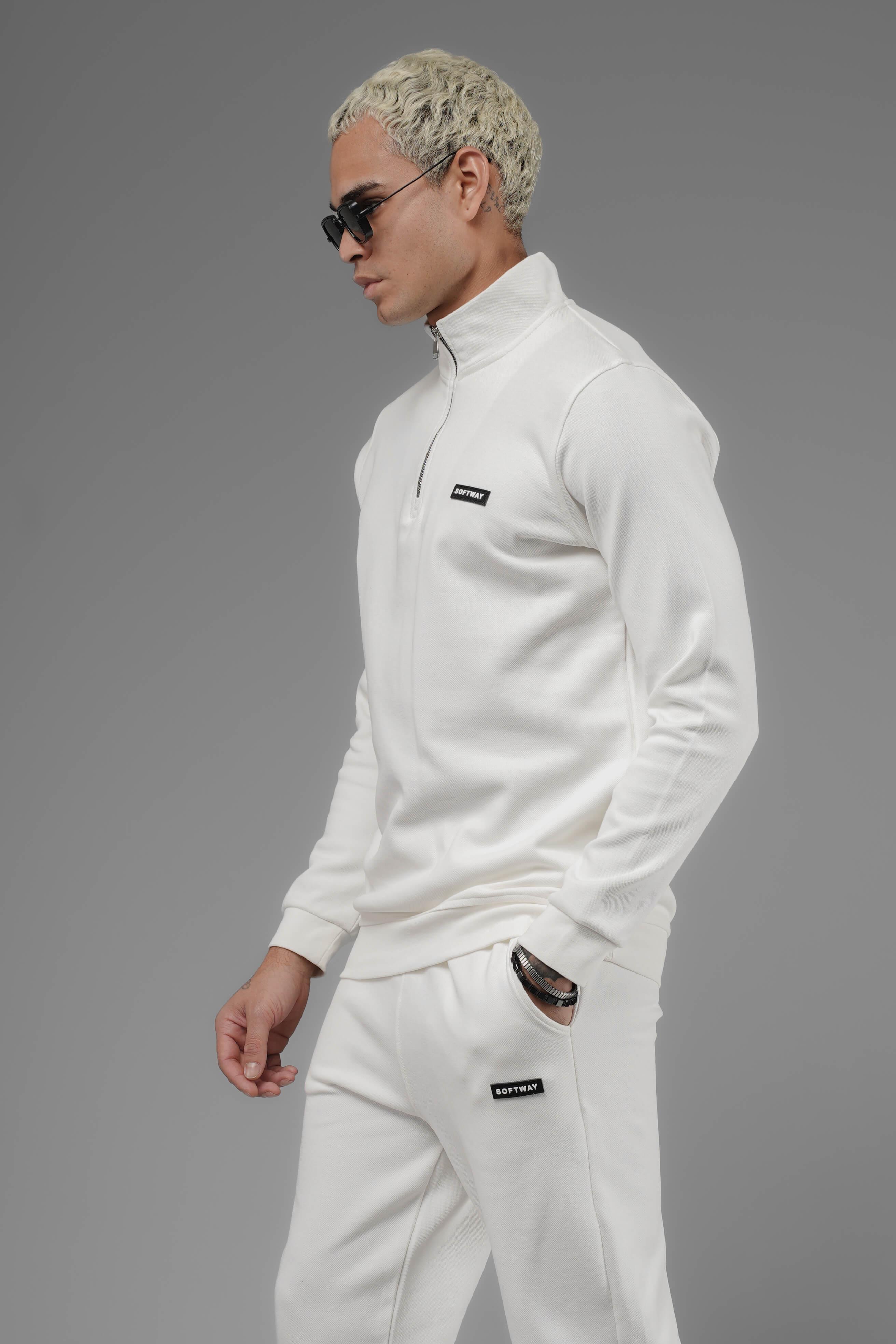 Unisex Regular Fit Dik Yaka Yarım Fermuarlı İnterlok Pike Sweatshirt - Beyaz
