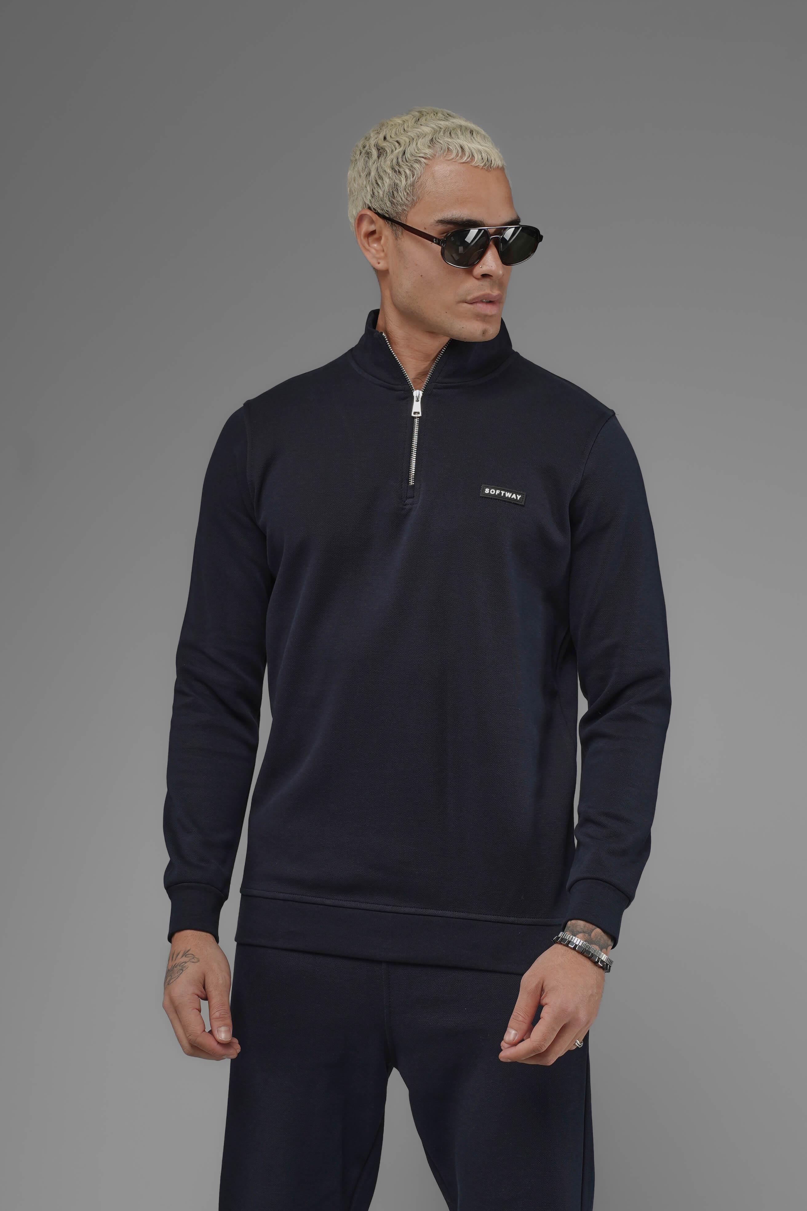 Unisex Regular Fit Dik Yaka Yarım Fermuarlı İnterlok Pike Sweatshirt - Lacivert