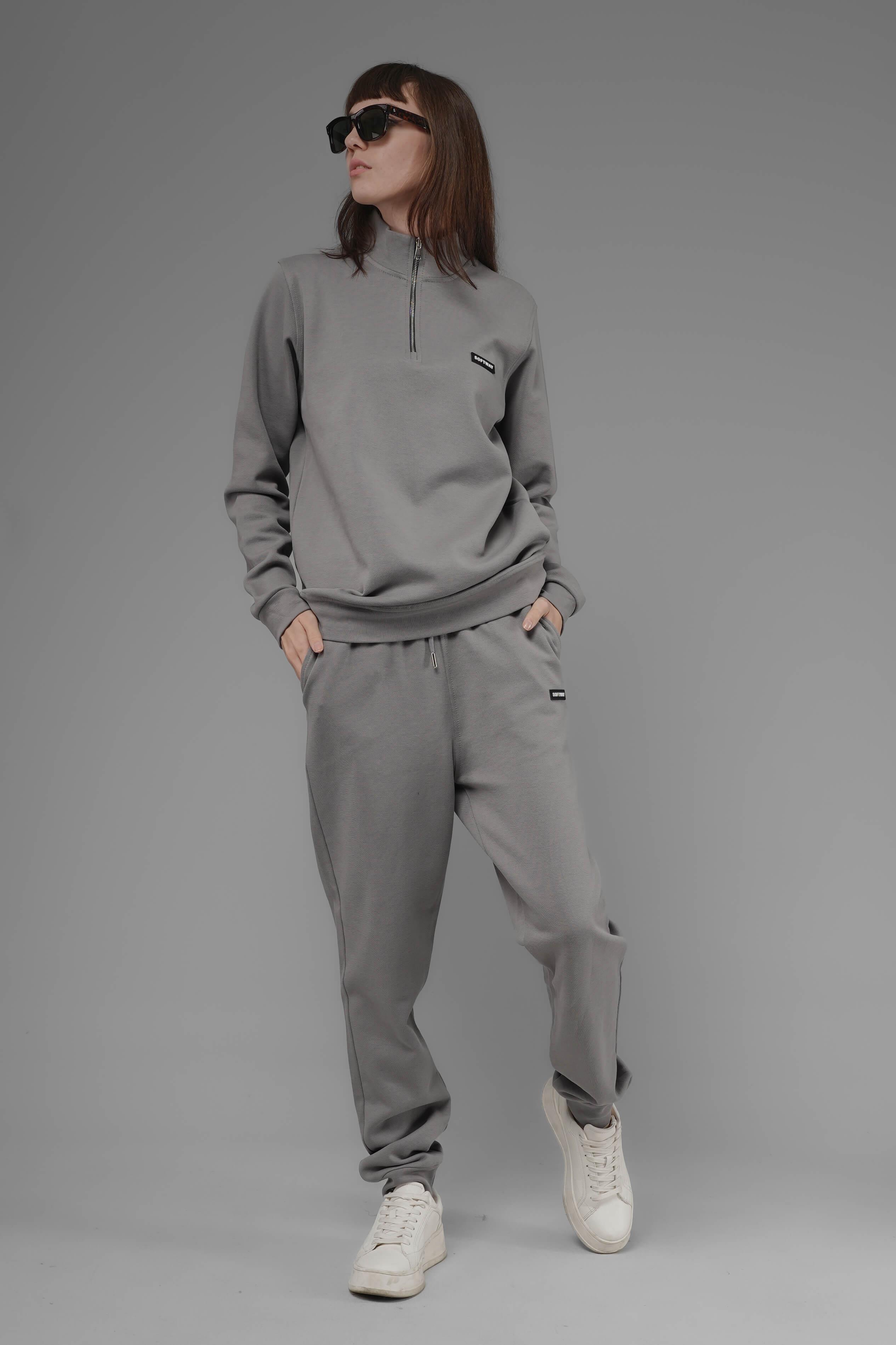 Unisex Regular Fit Dik Yaka Yarım Fermuarlı İnterlok Pike Sweatshirt - Gri