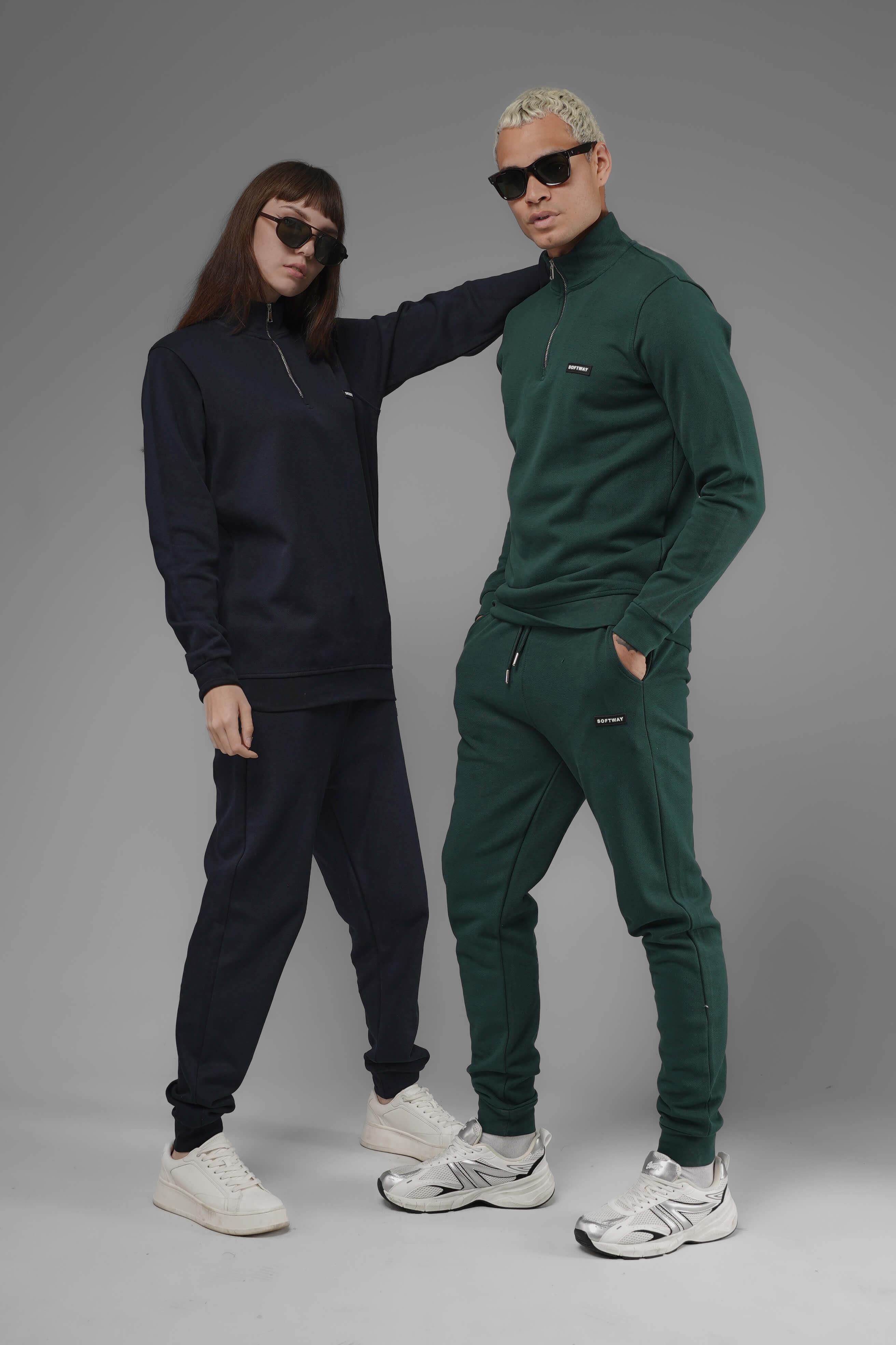 Unisex Regular Fit Dik Yaka Yarım Fermuarlı İnterlok Pike Sweatshirt - Koyu Yeşil