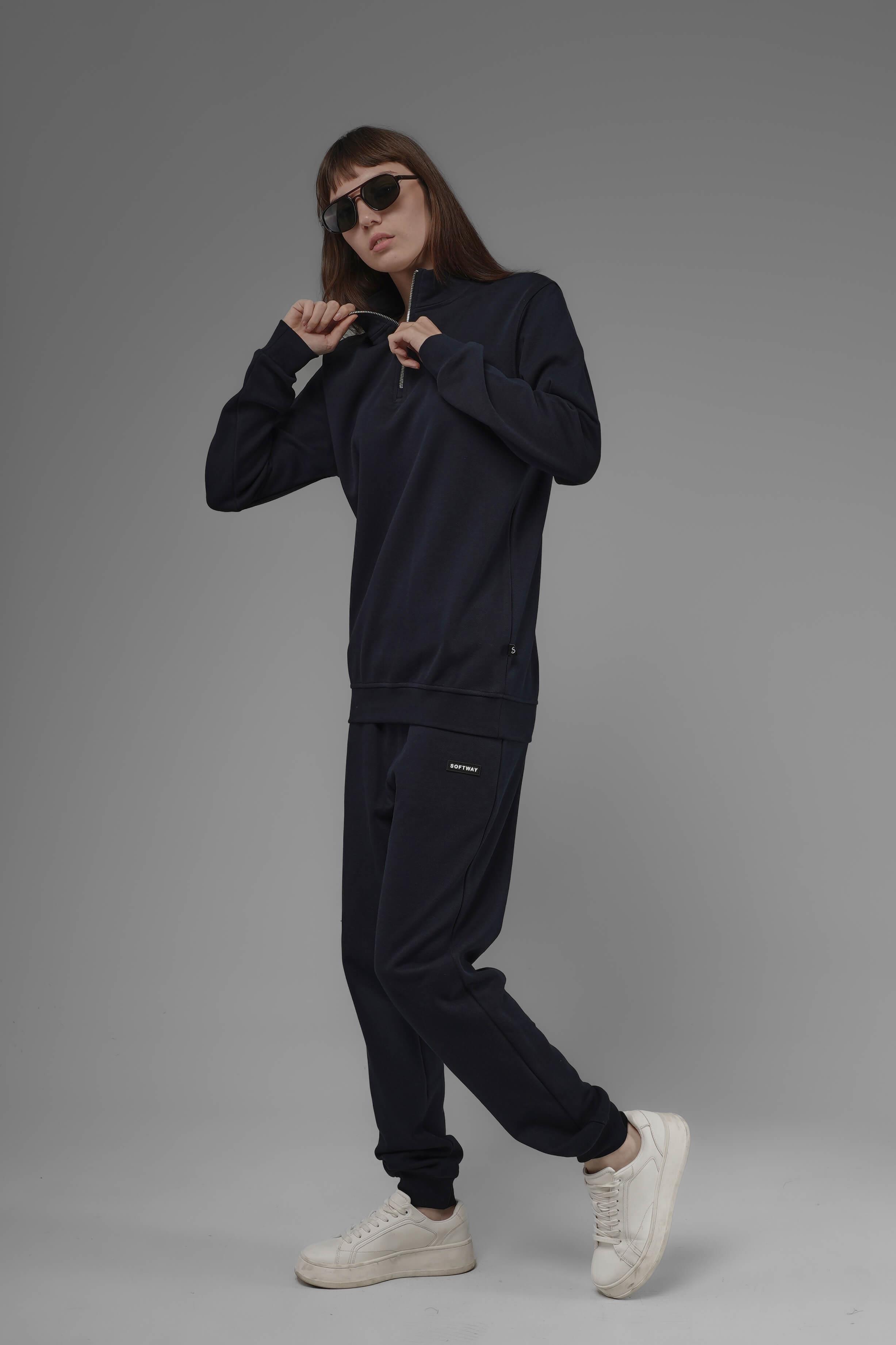 Unisex Regular Fit Dik Yaka Yarım Fermuarlı İnterlok Pike Sweatshirt - Lacivert