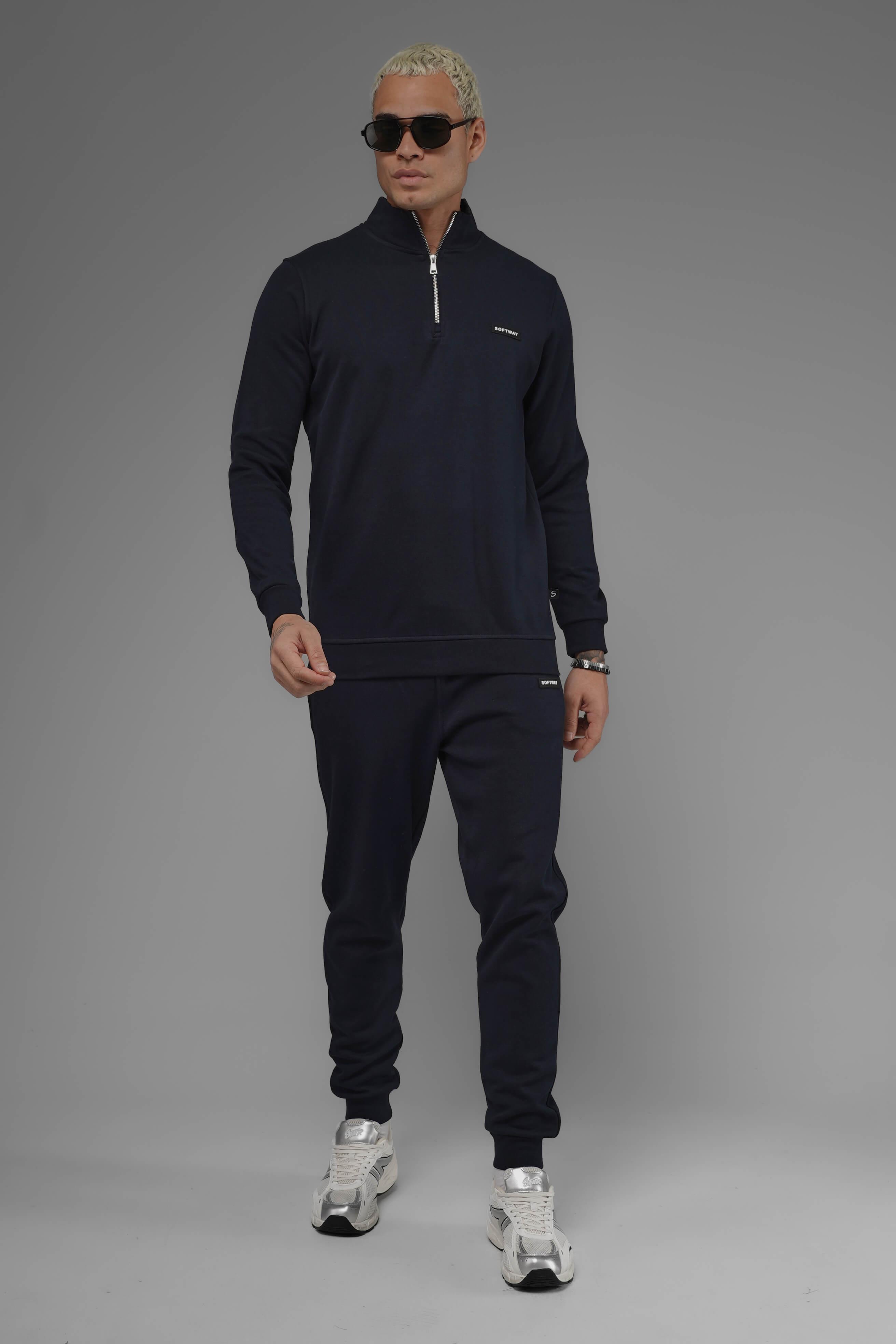 Unisex Regular Fit Dik Yaka Yarım Fermuarlı İnterlok Pike Sweatshirt - Lacivert