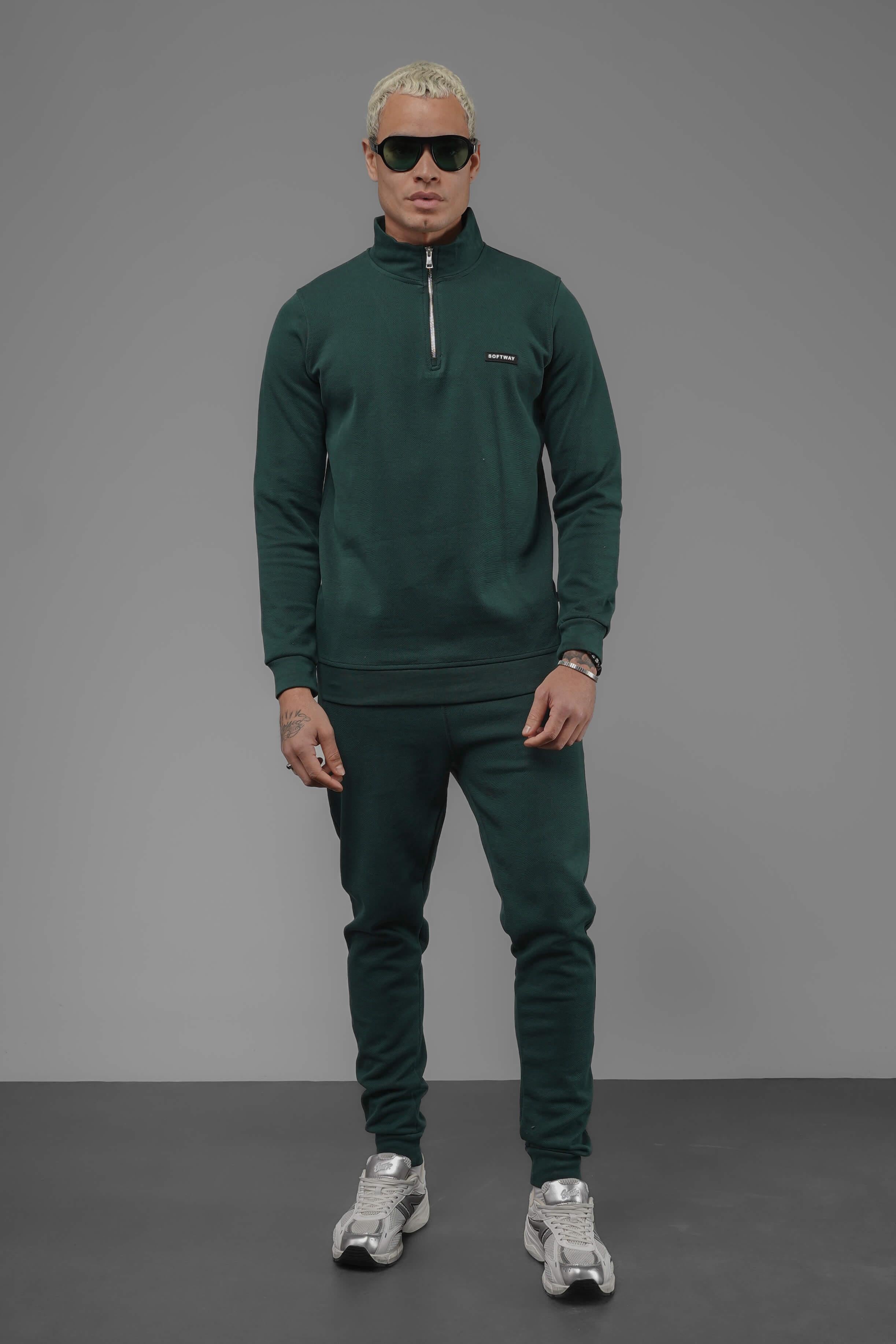 Unisex Regular Fit Dik Yaka Yarım Fermuarlı İnterlok Pike Sweatshirt - Koyu Yeşil