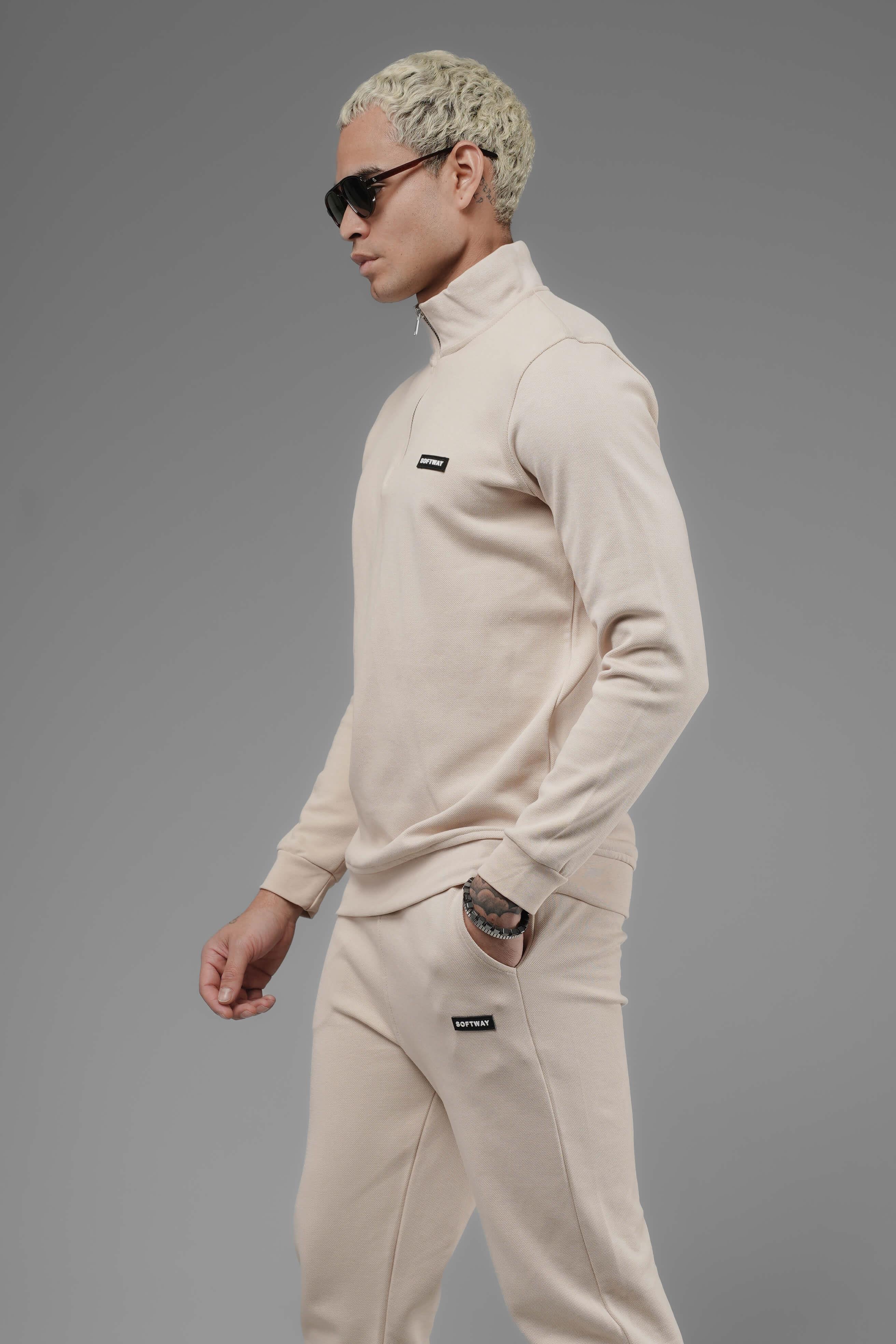 Unisex Regular Fit Dik Yaka Yarım Fermuarlı İnterlok Pike Sweatshirt - Bej