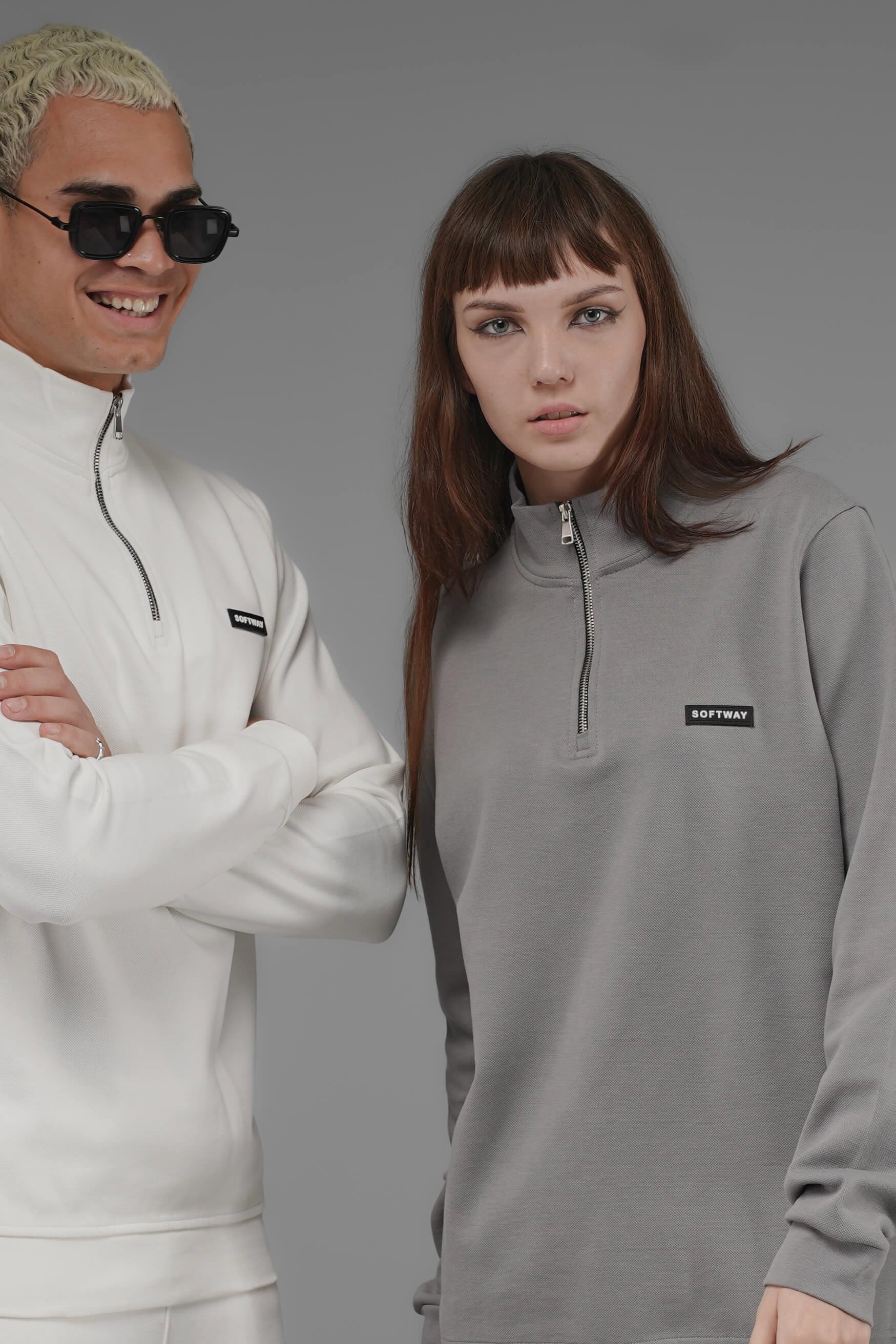 Unisex Regular Fit Dik Yaka Yarım Fermuarlı İnterlok Pike Sweatshirt - Gri