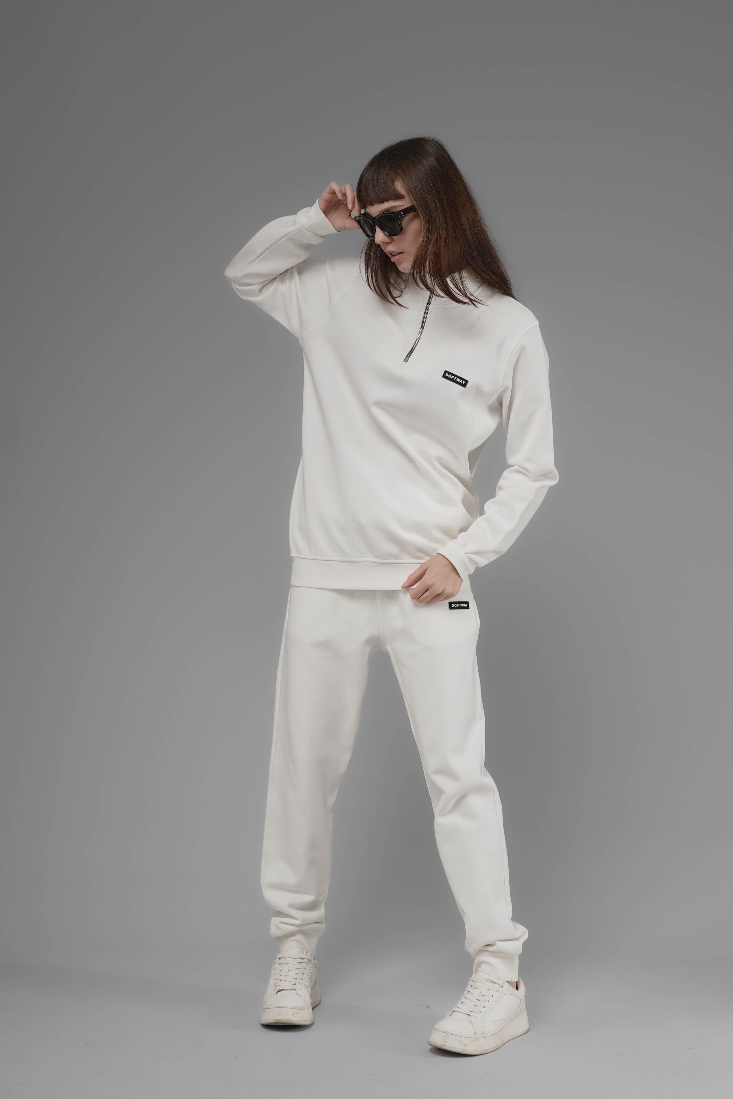 Unisex Regular Fit Dik Yaka Yarım Fermuarlı İnterlok Pike Sweatshirt - Beyaz