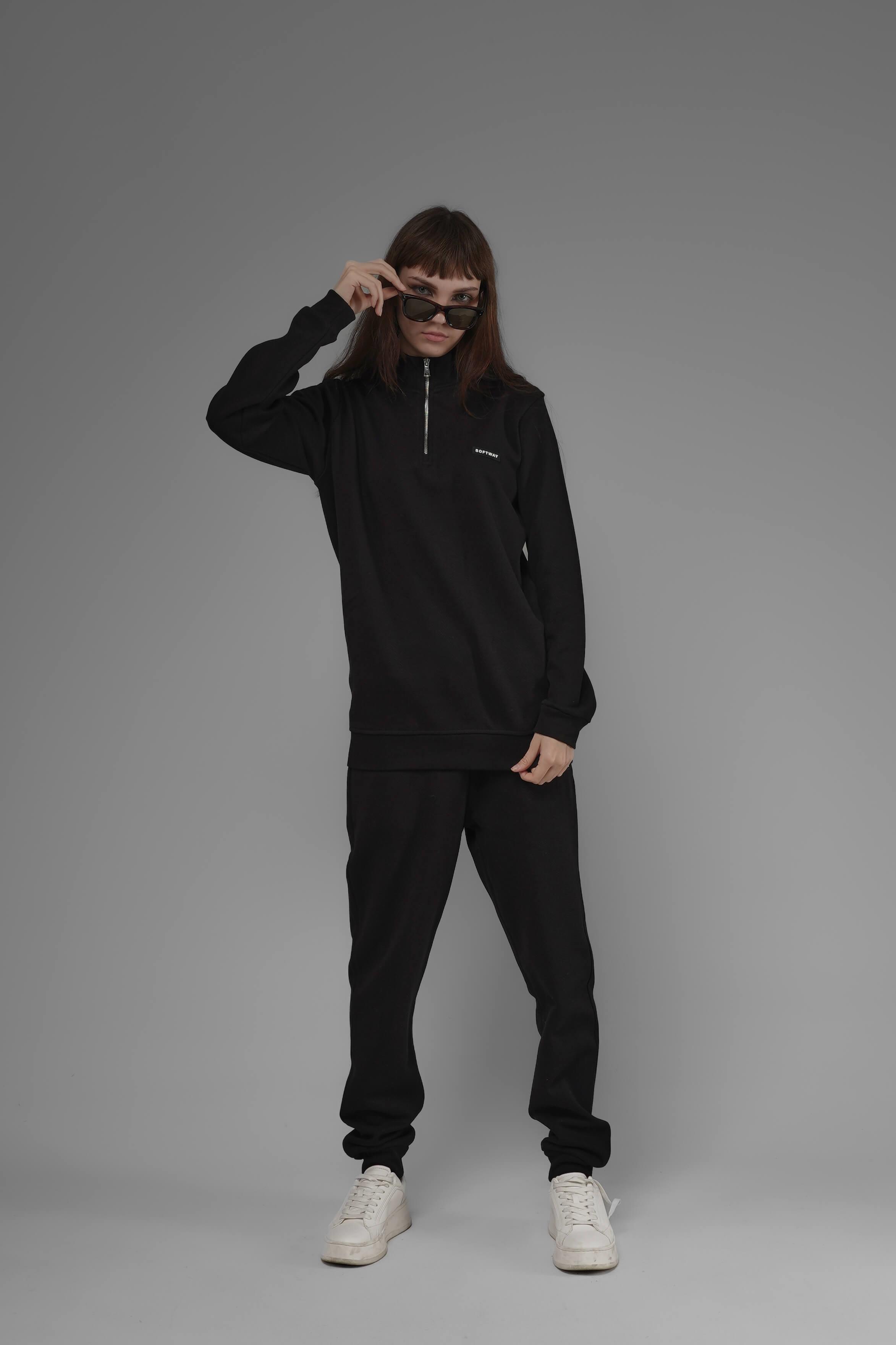 Unisex Regular Fit Dik Yaka Yarım Fermuarlı İnterlok Pike Sweatshirt - Siyah