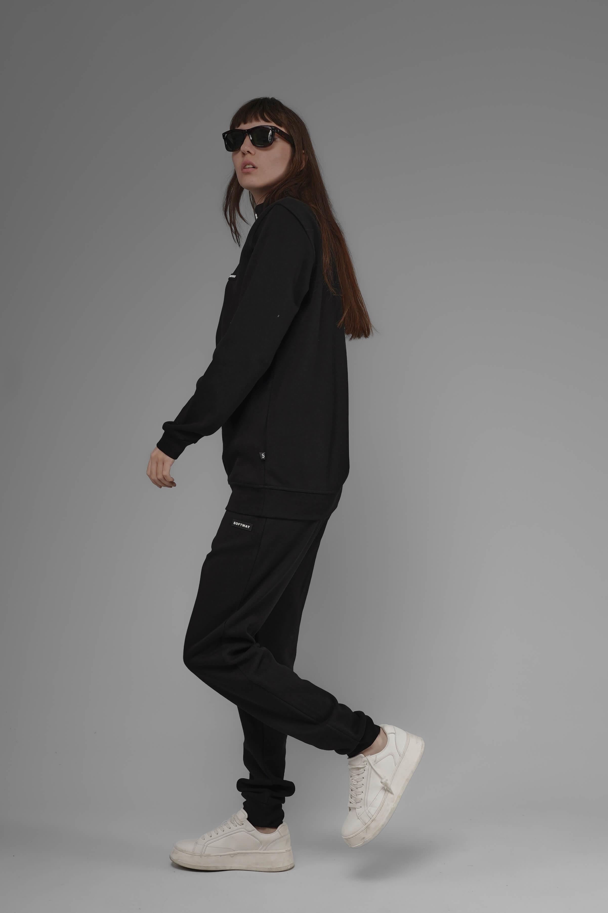Unisex Regular Fit Dik Yaka Yarım Fermuarlı İnterlok Pike Sweatshirt - Siyah
