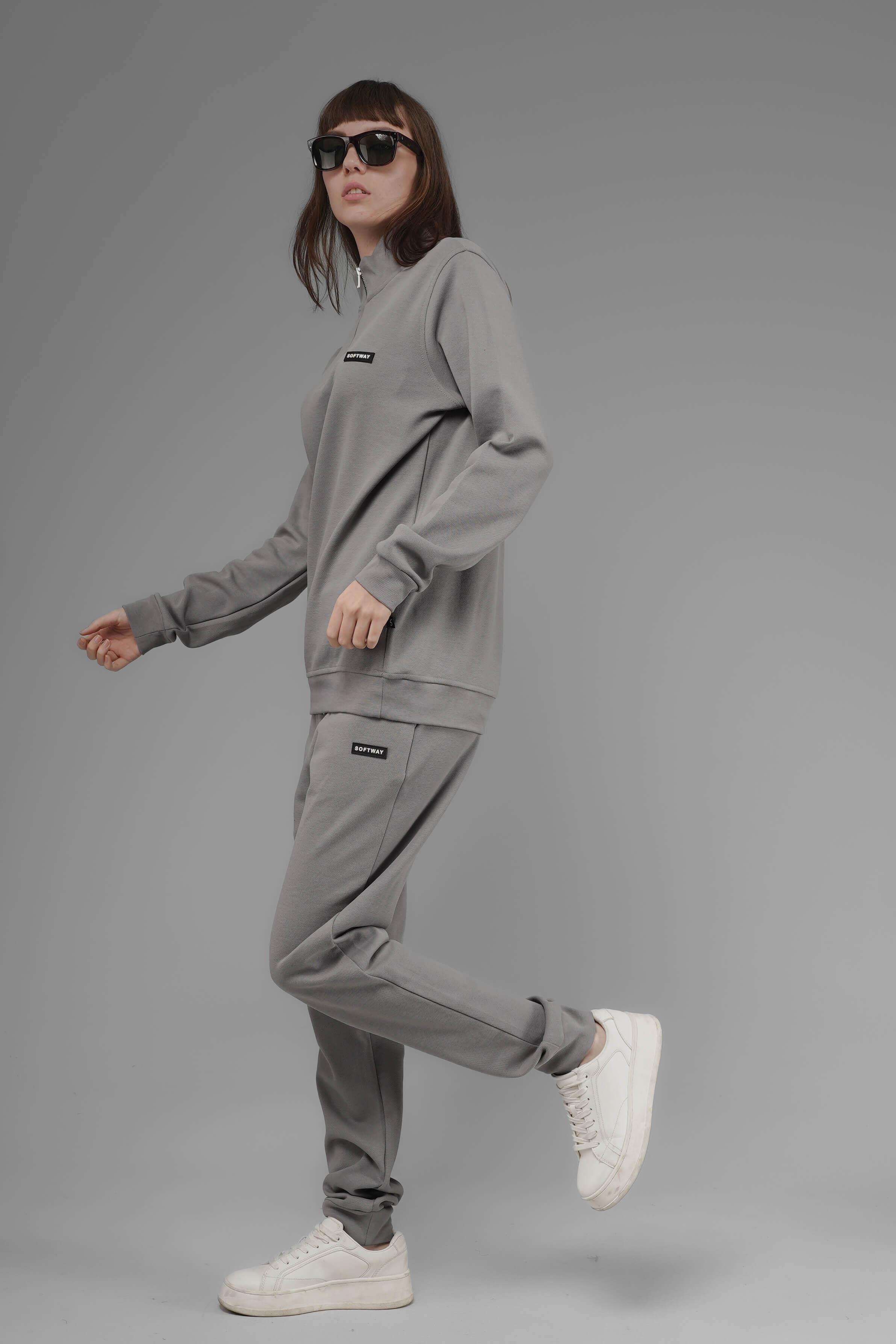 Unisex Regular Fit Dik Yaka Yarım Fermuarlı İnterlok Pike Sweatshirt - Gri