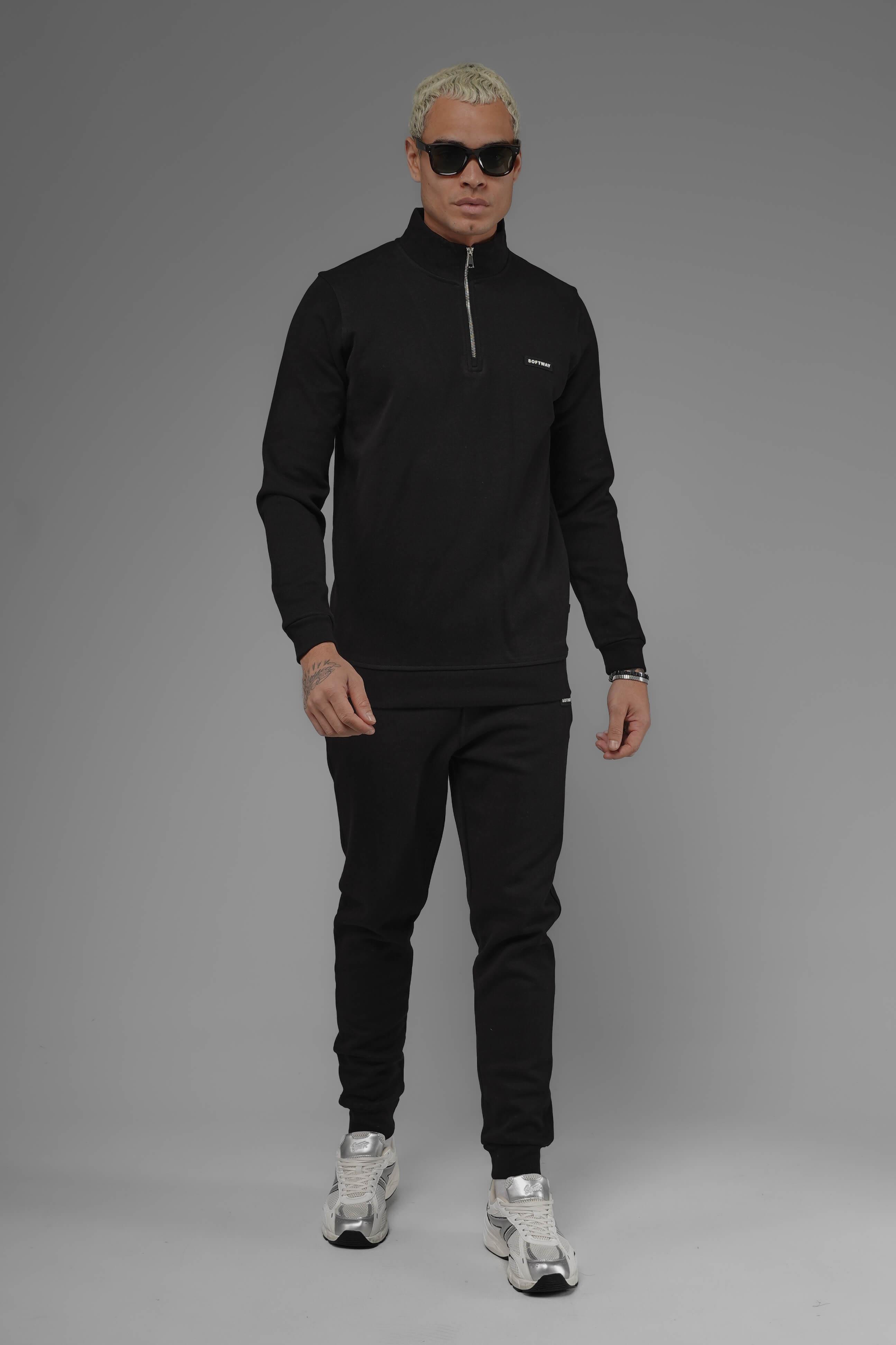 Unisex Regular Fit Dik Yaka Yarım Fermuarlı İnterlok Pike Sweatshirt - Siyah