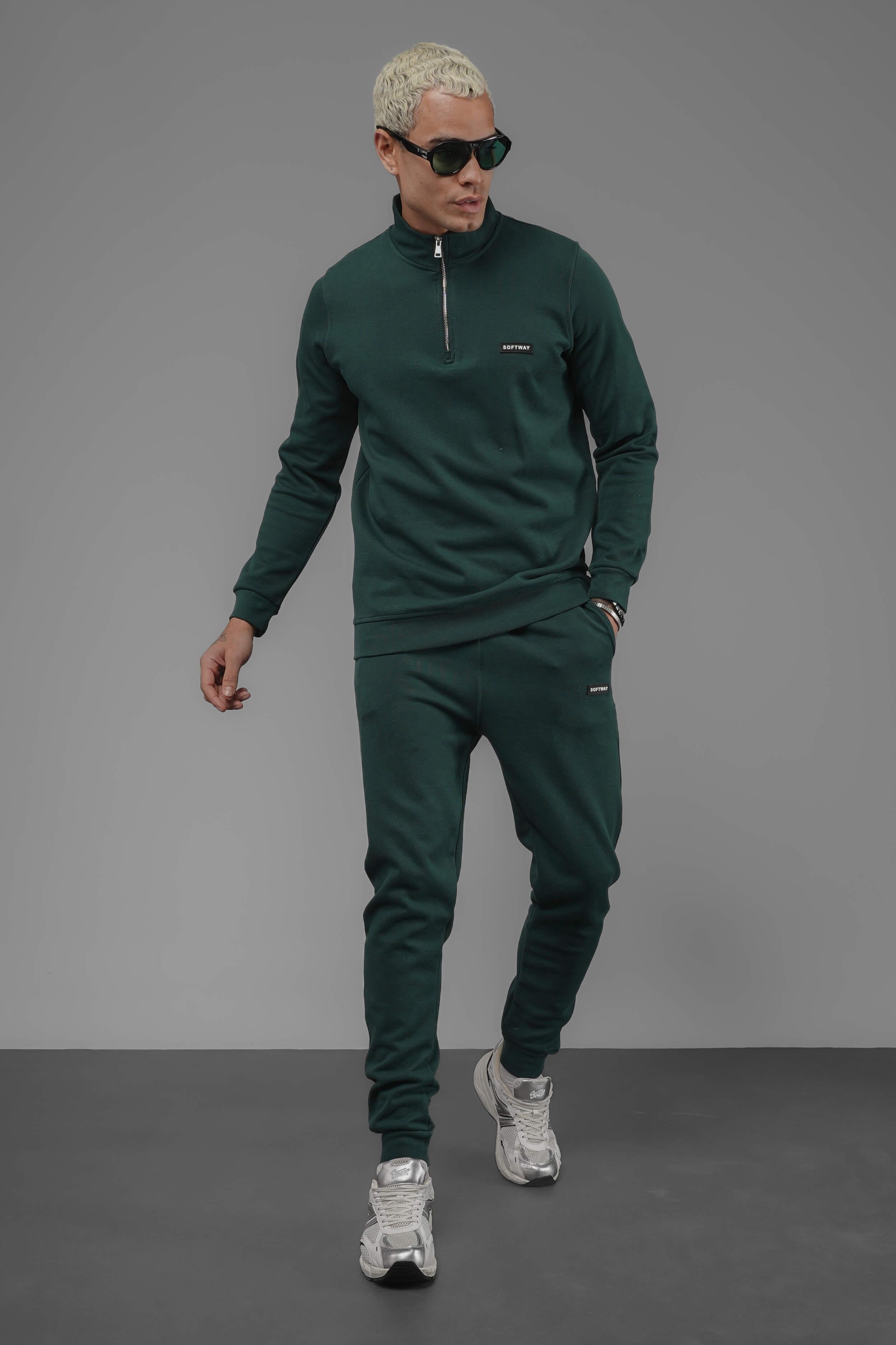 Unisex Regular Fit Dik Yaka Yarım Fermuarlı İnterlok Pike Sweatshirt - Koyu Yeşil