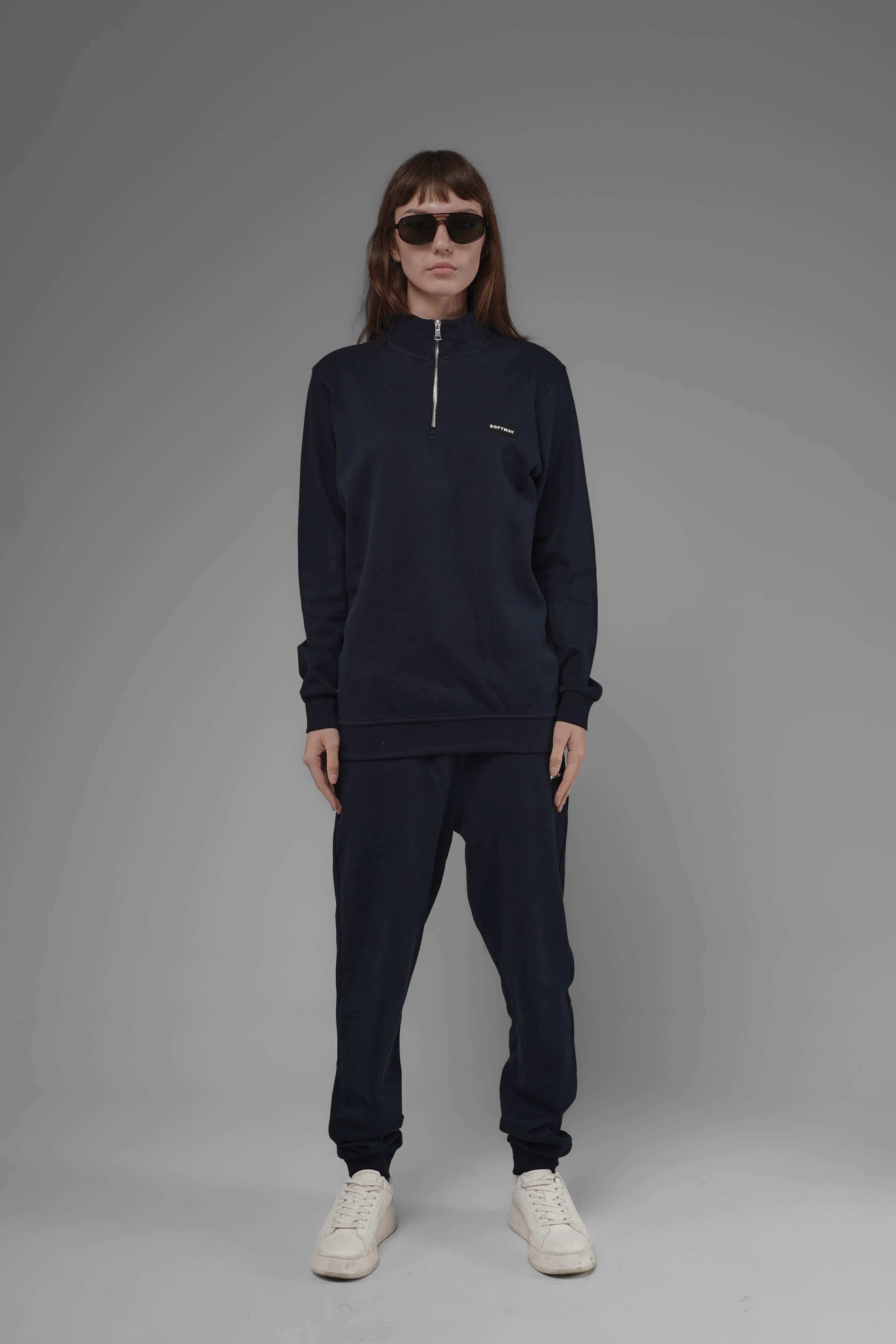 Unisex Regular Fit Dik Yaka Yarım Fermuarlı İnterlok Pike Sweatshirt - Lacivert