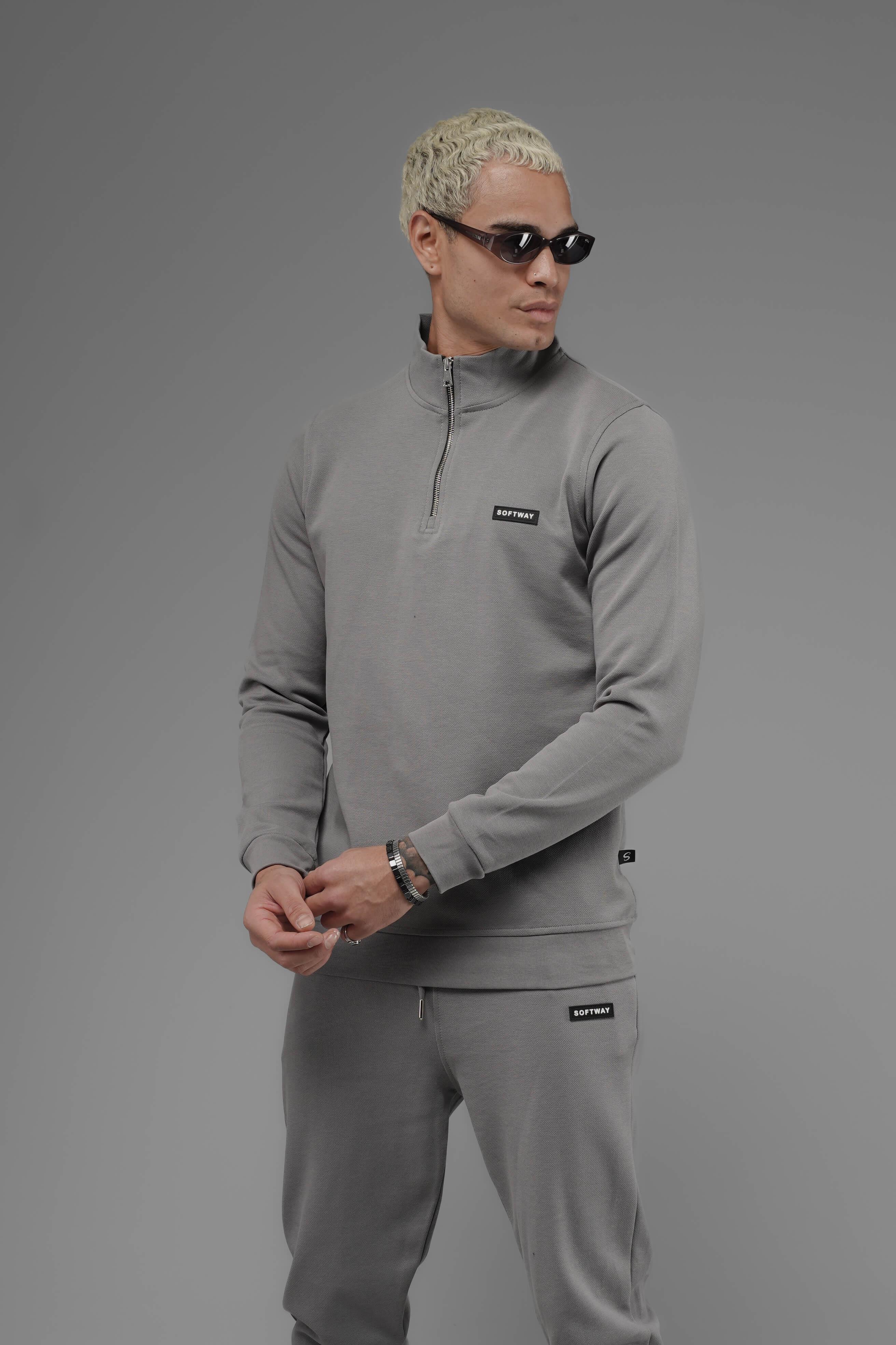 Unisex Regular Fit Dik Yaka Yarım Fermuarlı İnterlok Pike Sweatshirt - Gri