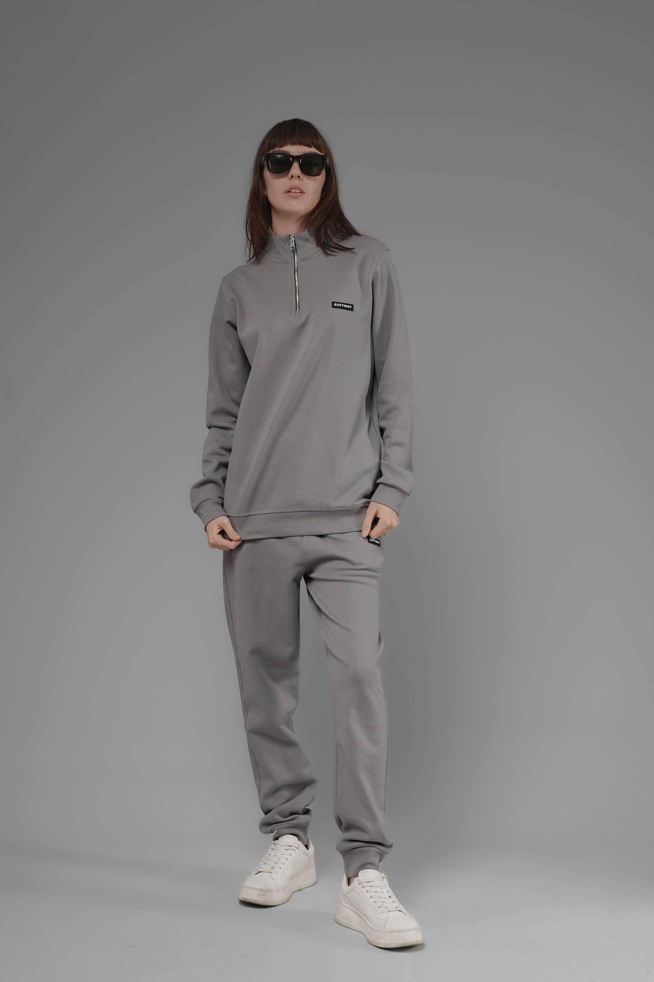 Unisex Regular Fit Dik Yaka Yarım Fermuarlı İnterlok Pike Sweatshirt - Gri