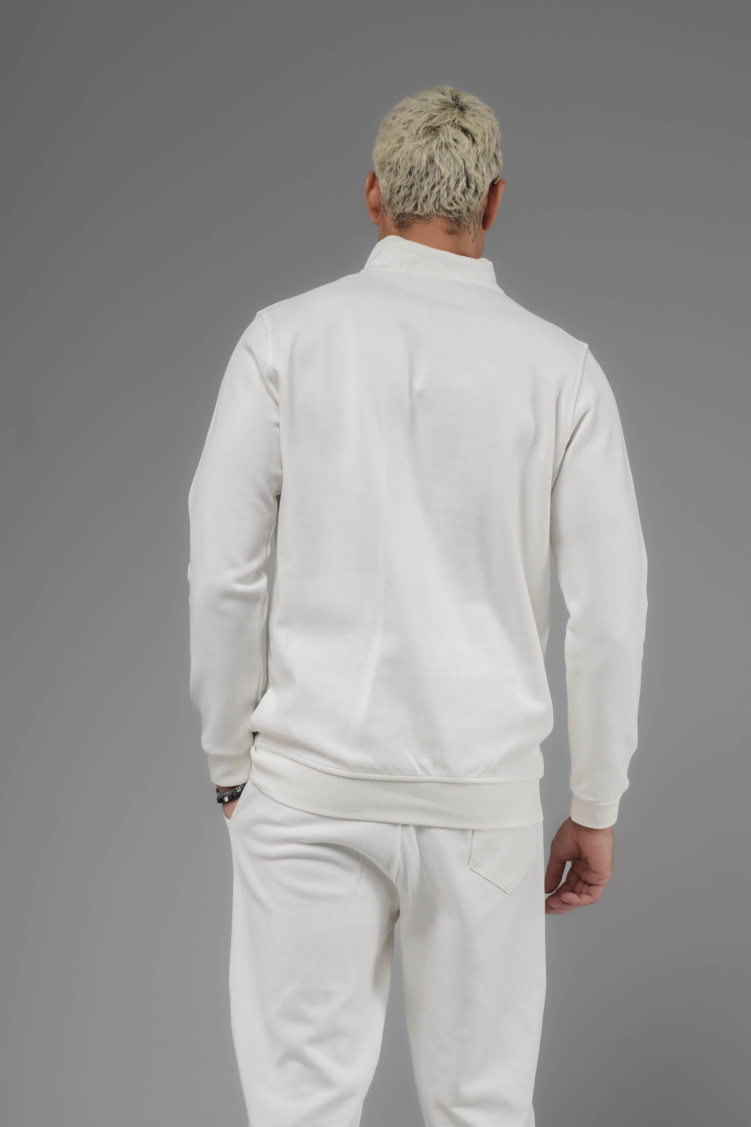 Unisex Regular Fit Dik Yaka Yarım Fermuarlı İnterlok Pike Sweatshirt - Beyaz