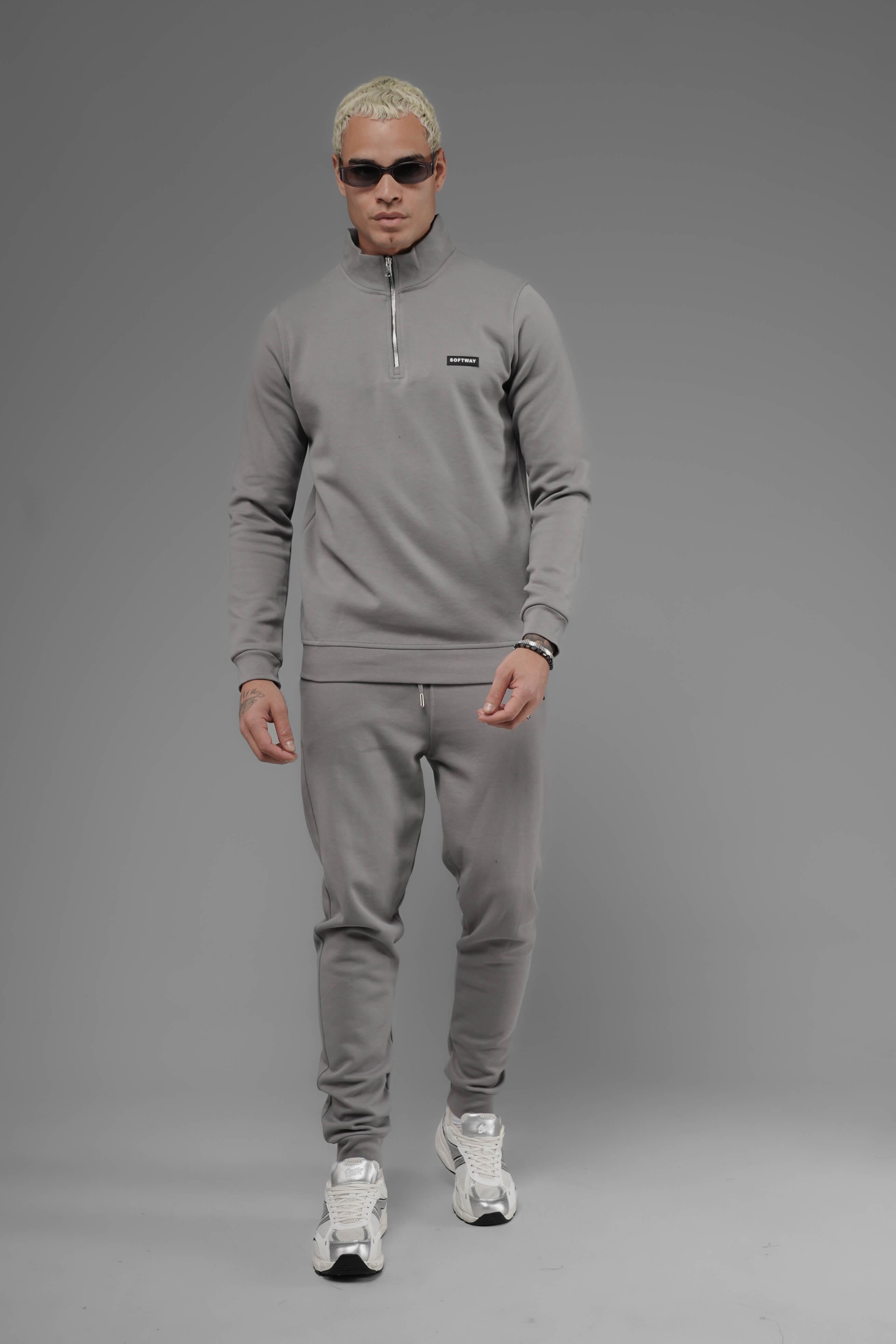 Unisex Regular Fit Dik Yaka Yarım Fermuarlı İnterlok Pike Sweatshirt - Gri
