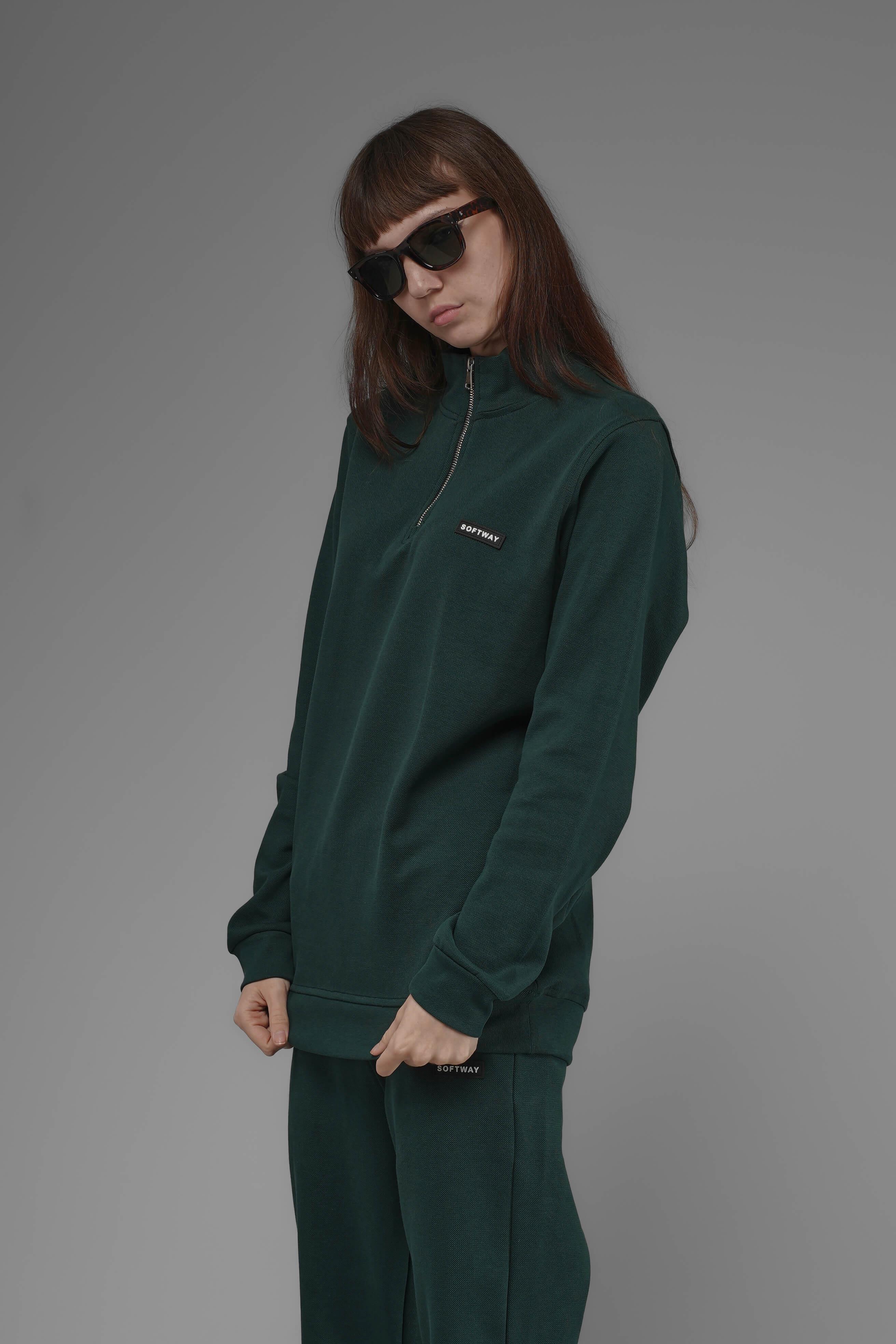 Unisex Regular Fit Dik Yaka Yarım Fermuarlı İnterlok Pike Sweatshirt - Koyu Yeşil