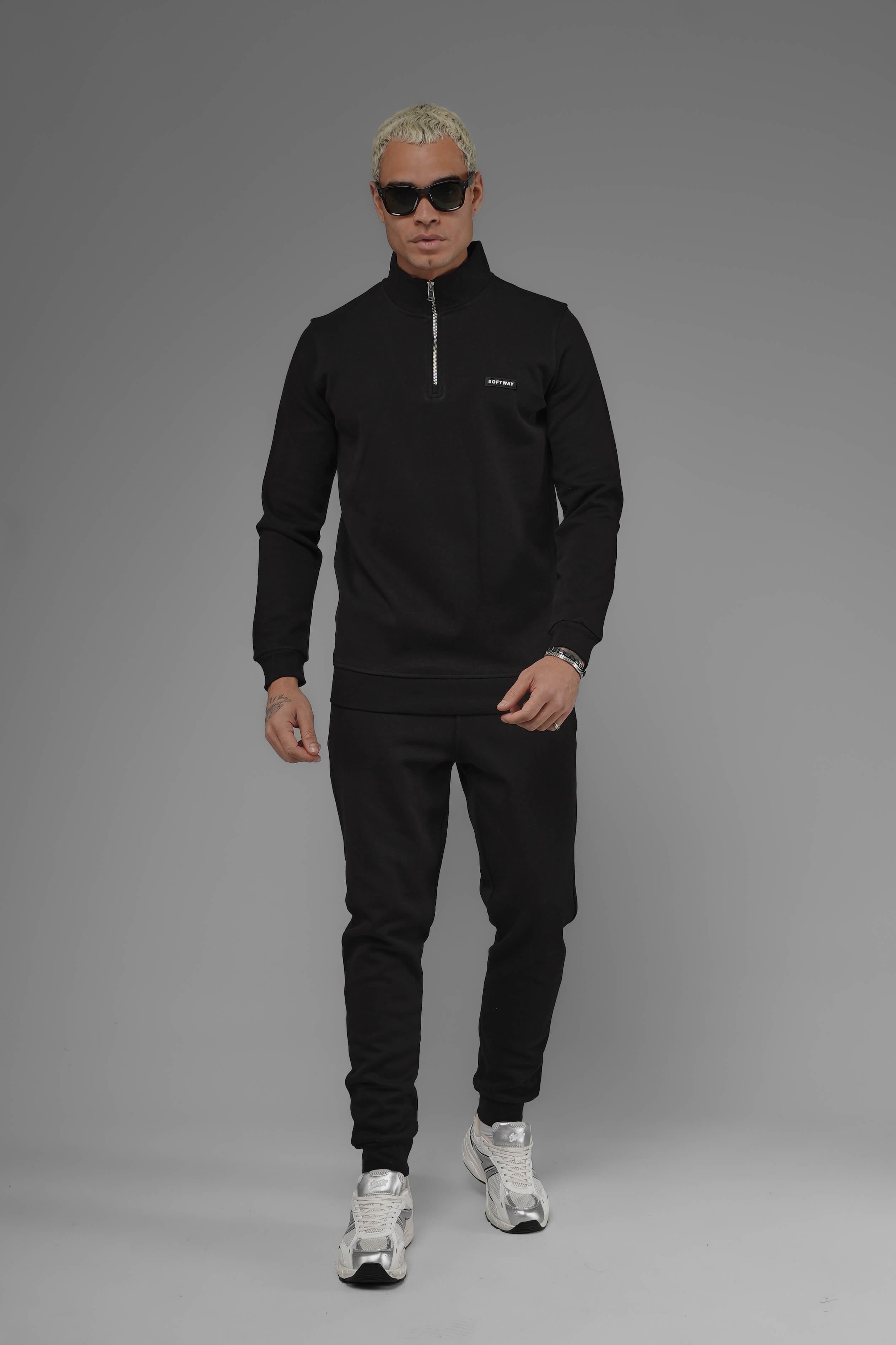Unisex Regular Fit Dik Yaka Yarım Fermuarlı İnterlok Pike Sweatshirt - Siyah