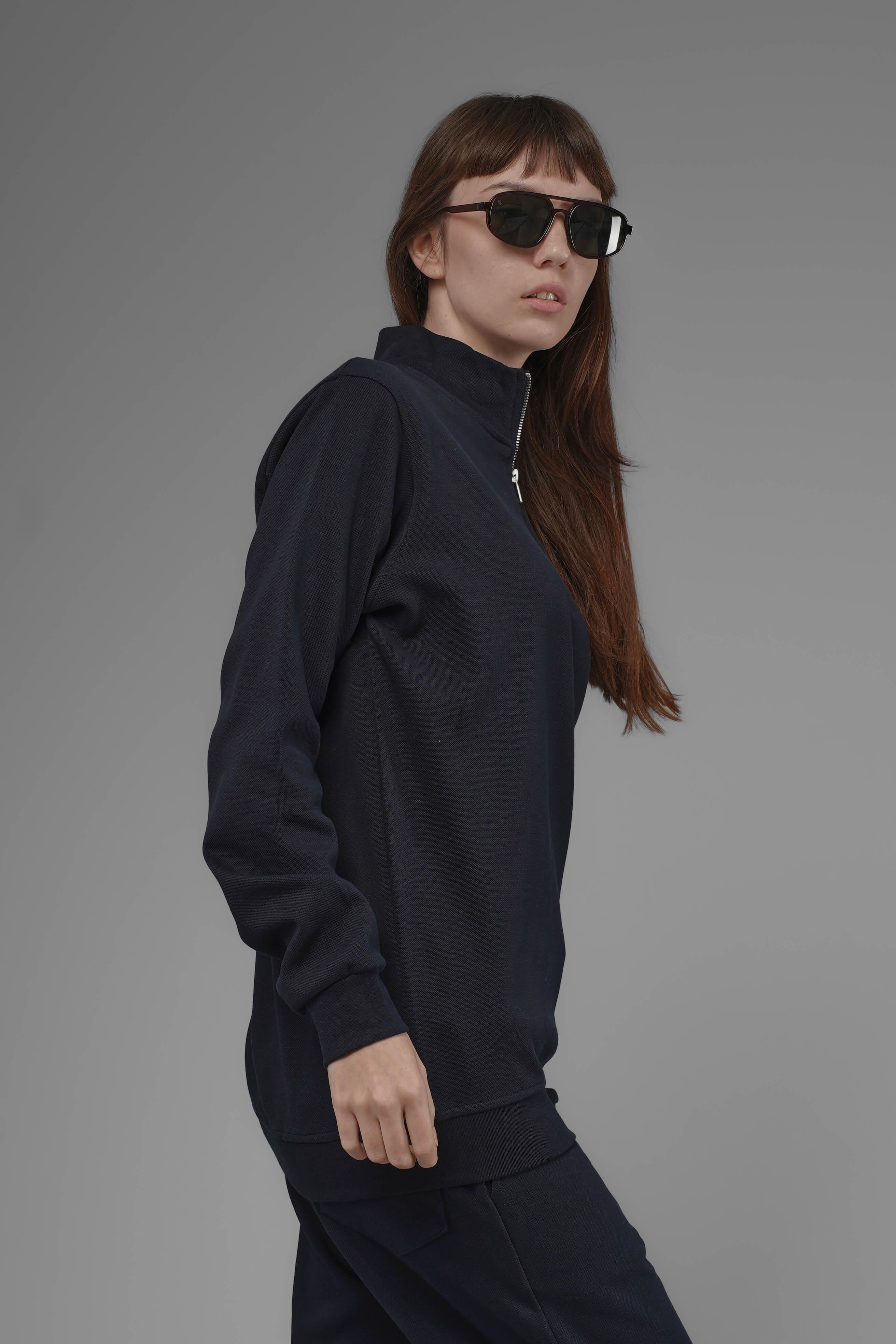 Unisex Regular Fit Dik Yaka Yarım Fermuarlı İnterlok Pike Sweatshirt - Lacivert