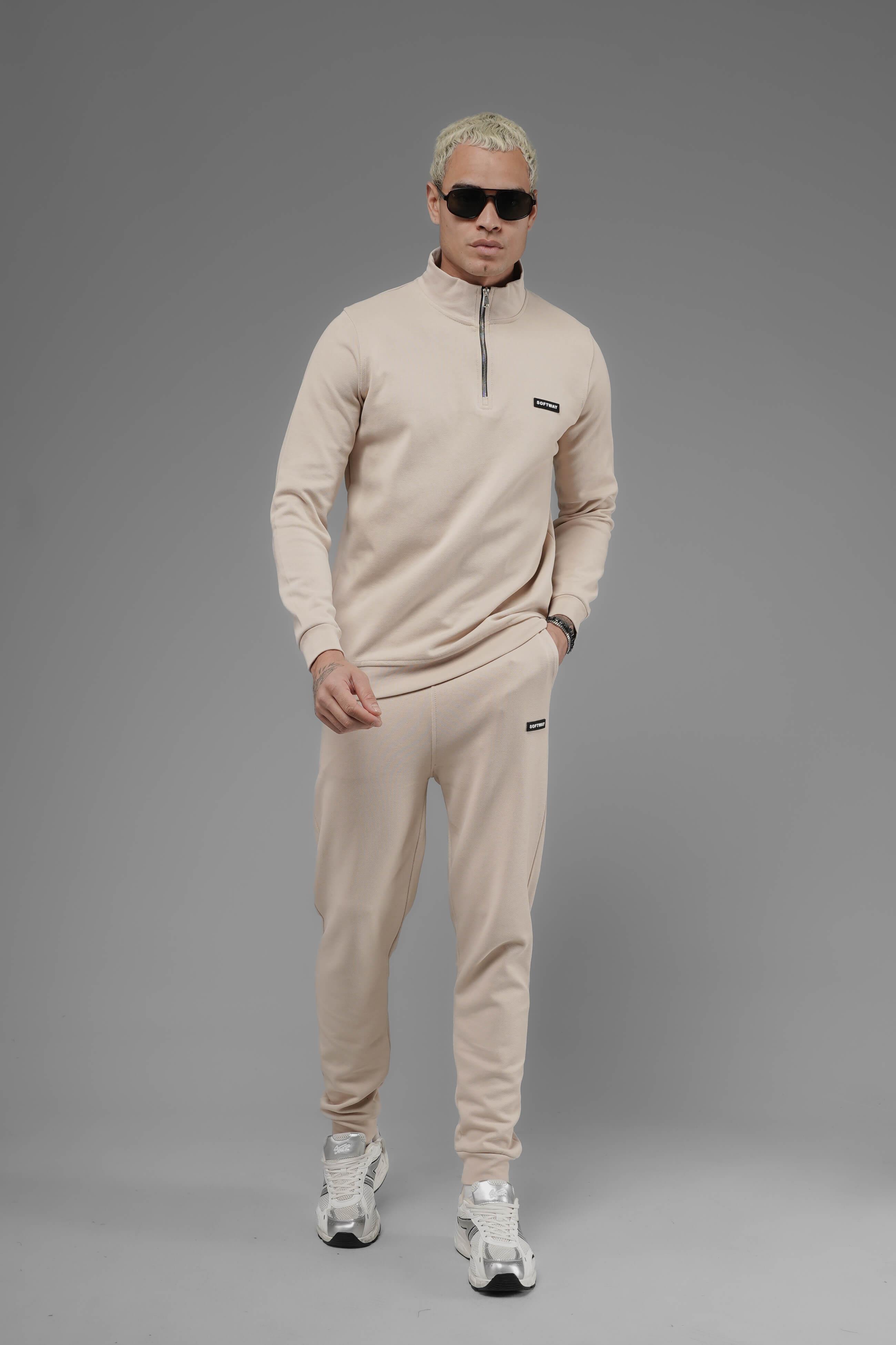 Unisex Regular Fit Dik Yaka Yarım Fermuarlı İnterlok Pike Sweatshirt - Bej
