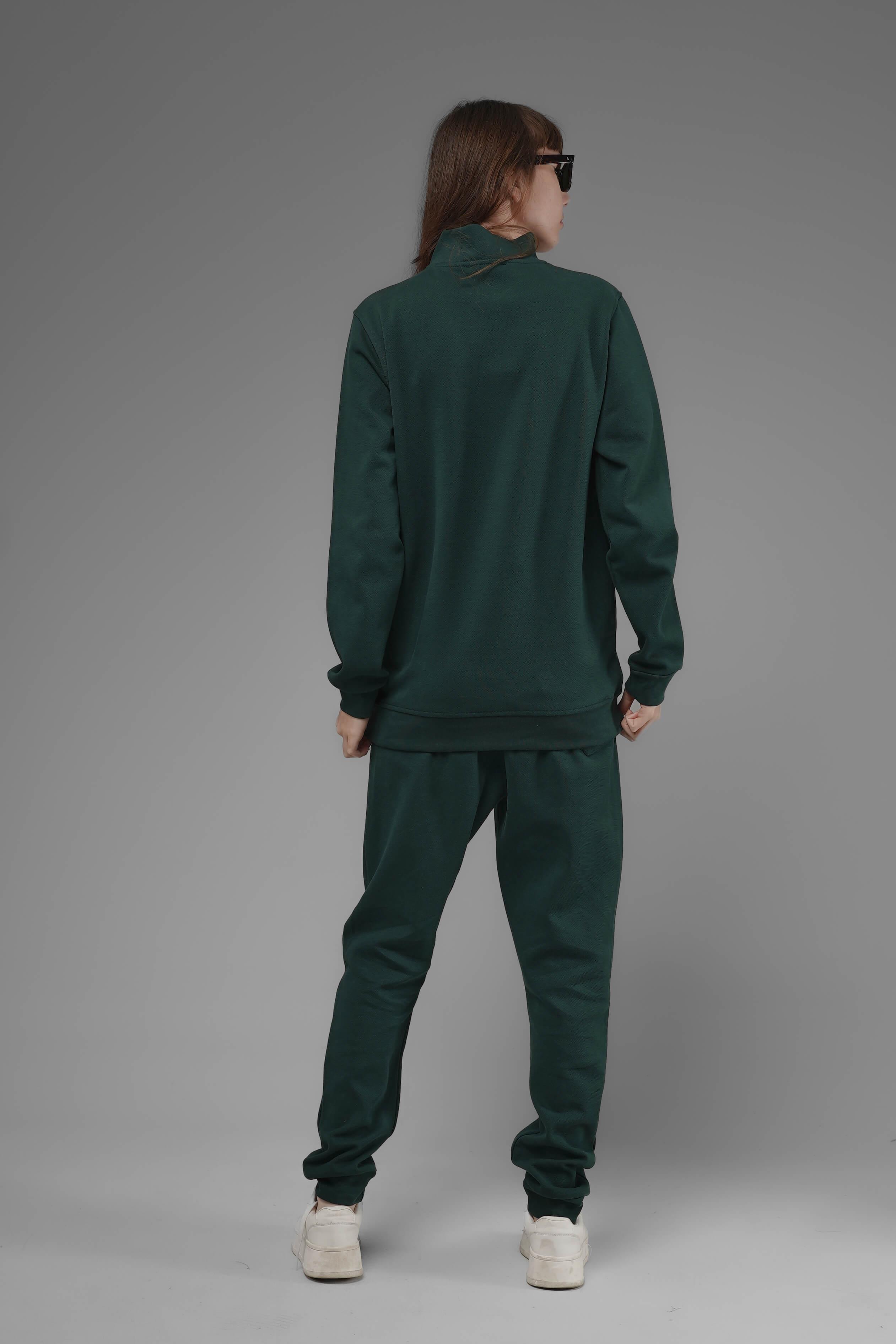 Unisex Regular Fit Dik Yaka Yarım Fermuarlı İnterlok Pike Sweatshirt - Koyu Yeşil