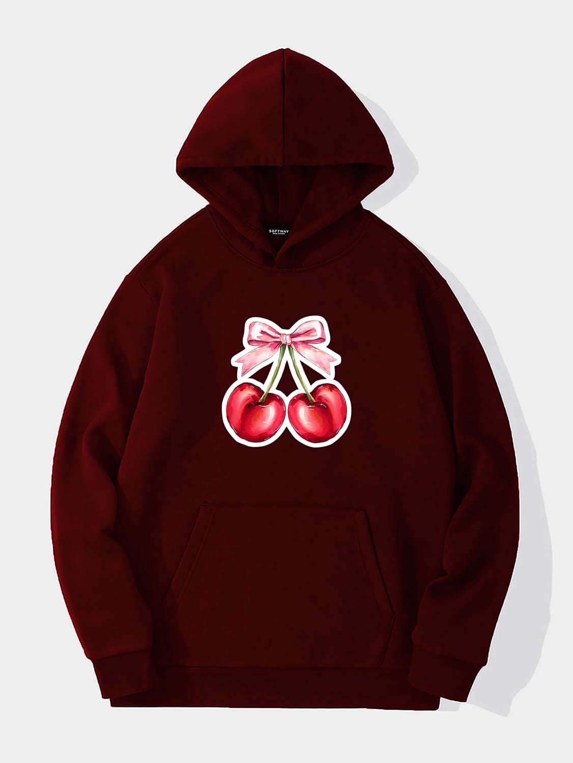 Unisex Ribbon Cherry Baskılı Kapüşonlu İçi Yumuşak Polarlı Oversize Sweatshirt - BORDO