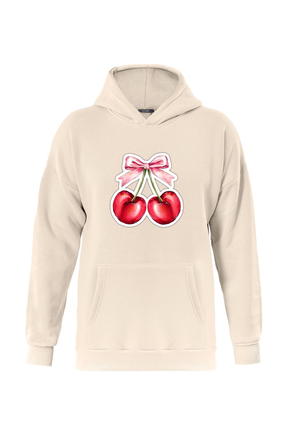 Unisex Ribbon Cherry Baskılı Kapüşonlu İçi Yumuşak Polarlı Oversize Sweatshirt - BEJ
