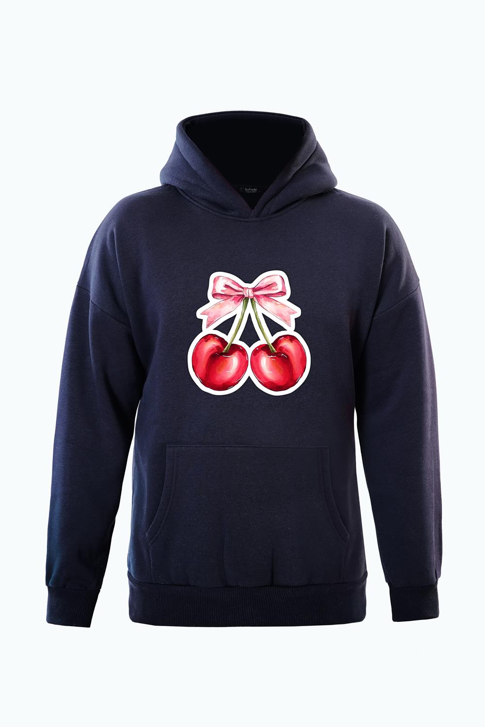 Unisex Ribbon Cherry Baskılı Kapüşonlu İçi Yumuşak Polarlı Oversize Sweatshirt - LACİVERT