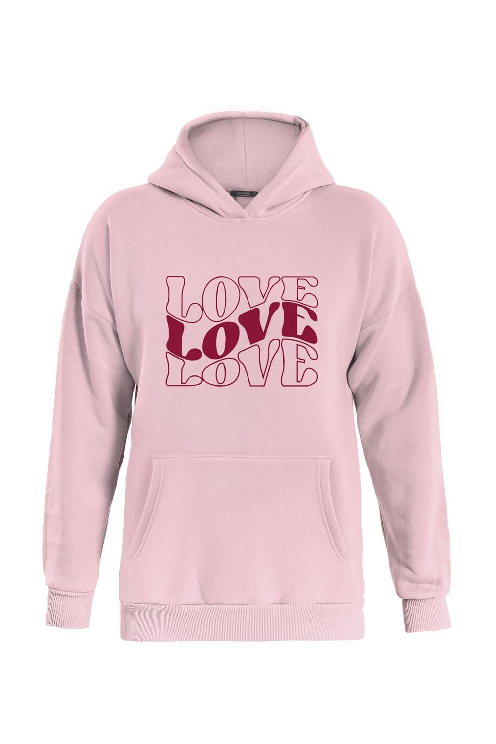 Unisex Theree Love Baskılı Kapüşonlu İçi Yumuşak Polarlı Oversize Sweatshirt - PEMBE
