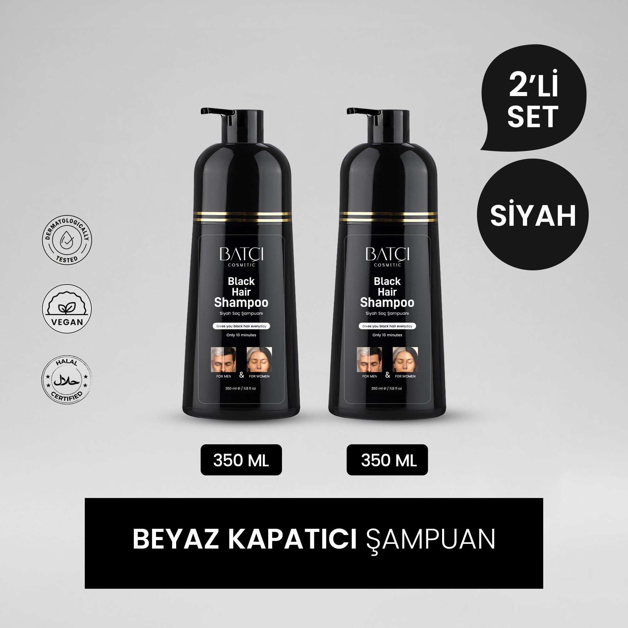 Beyaz Saç Kapatıcı Hızlı Etkili Siyah Saç Boyası Şampuanı 350 Ml x 2 Adet Avantajlı Set